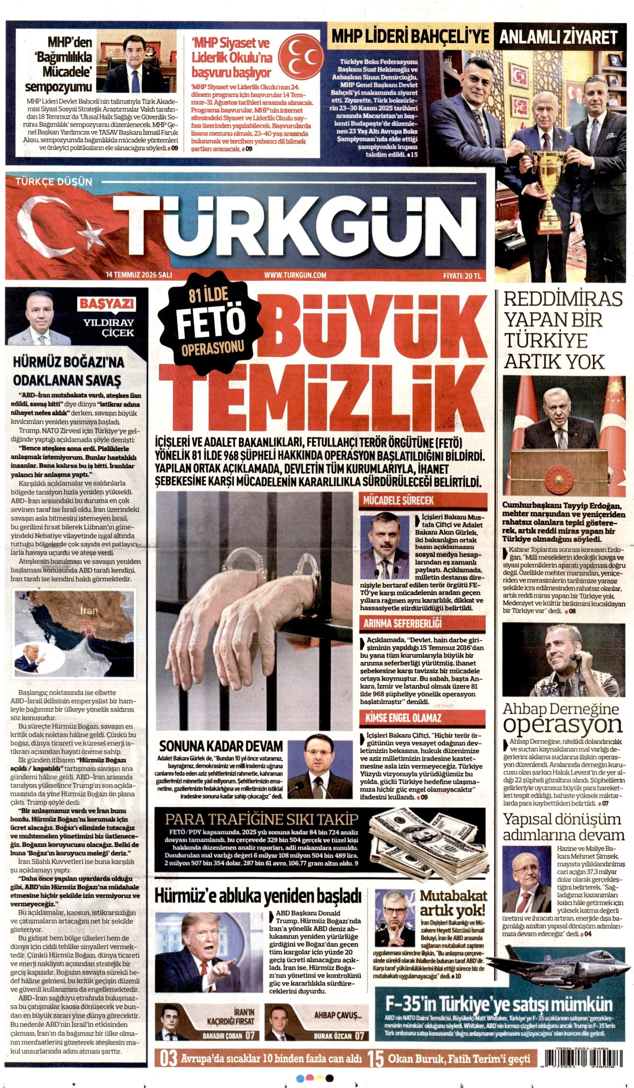 TÜRKGÜN gazetesinin 14 Temmuz 2026 tarihli birinci sayfası