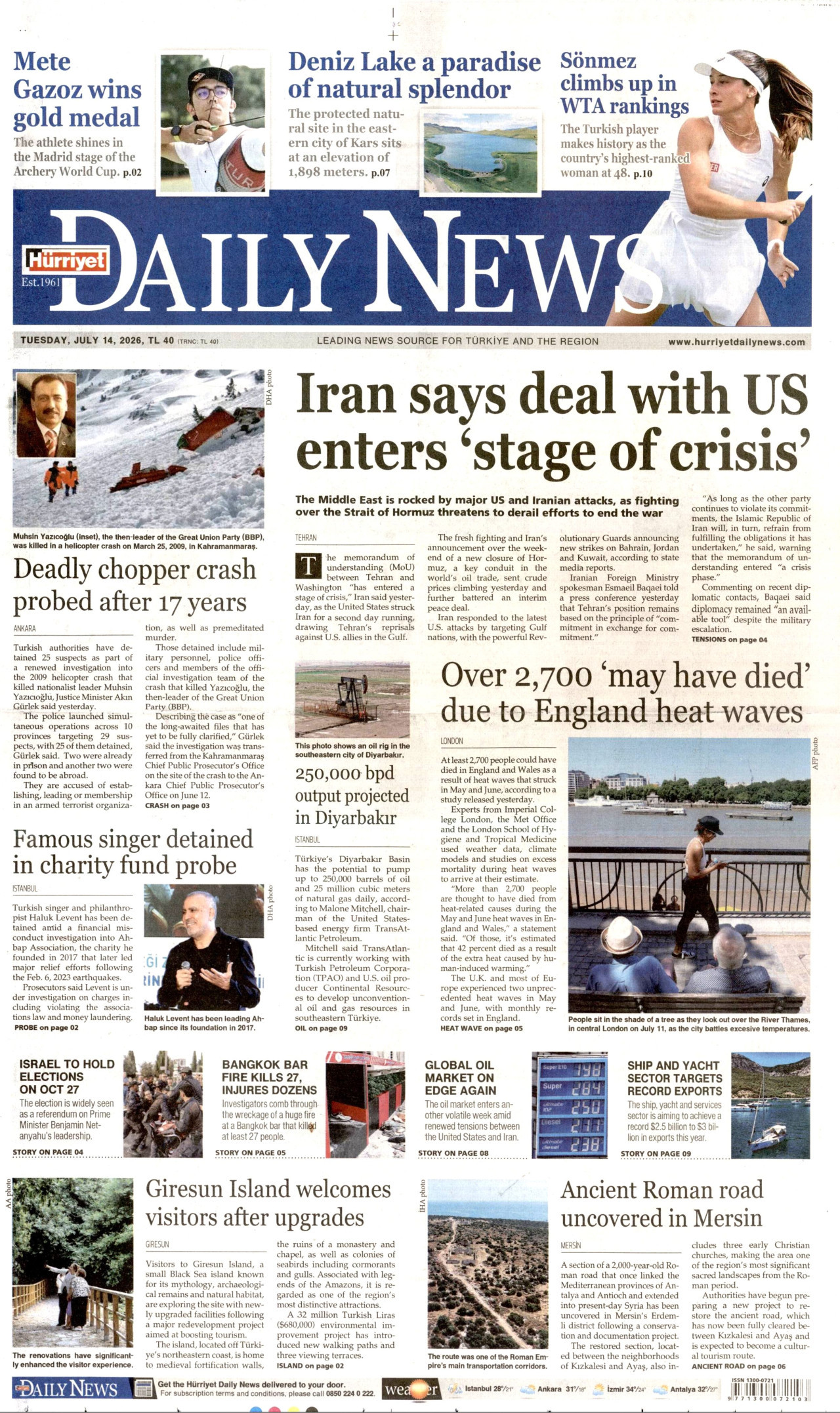 HÜRRİYET DAİLY NEWS gazetesinin 14 Temmuz 2026 tarihli birinci sayfası