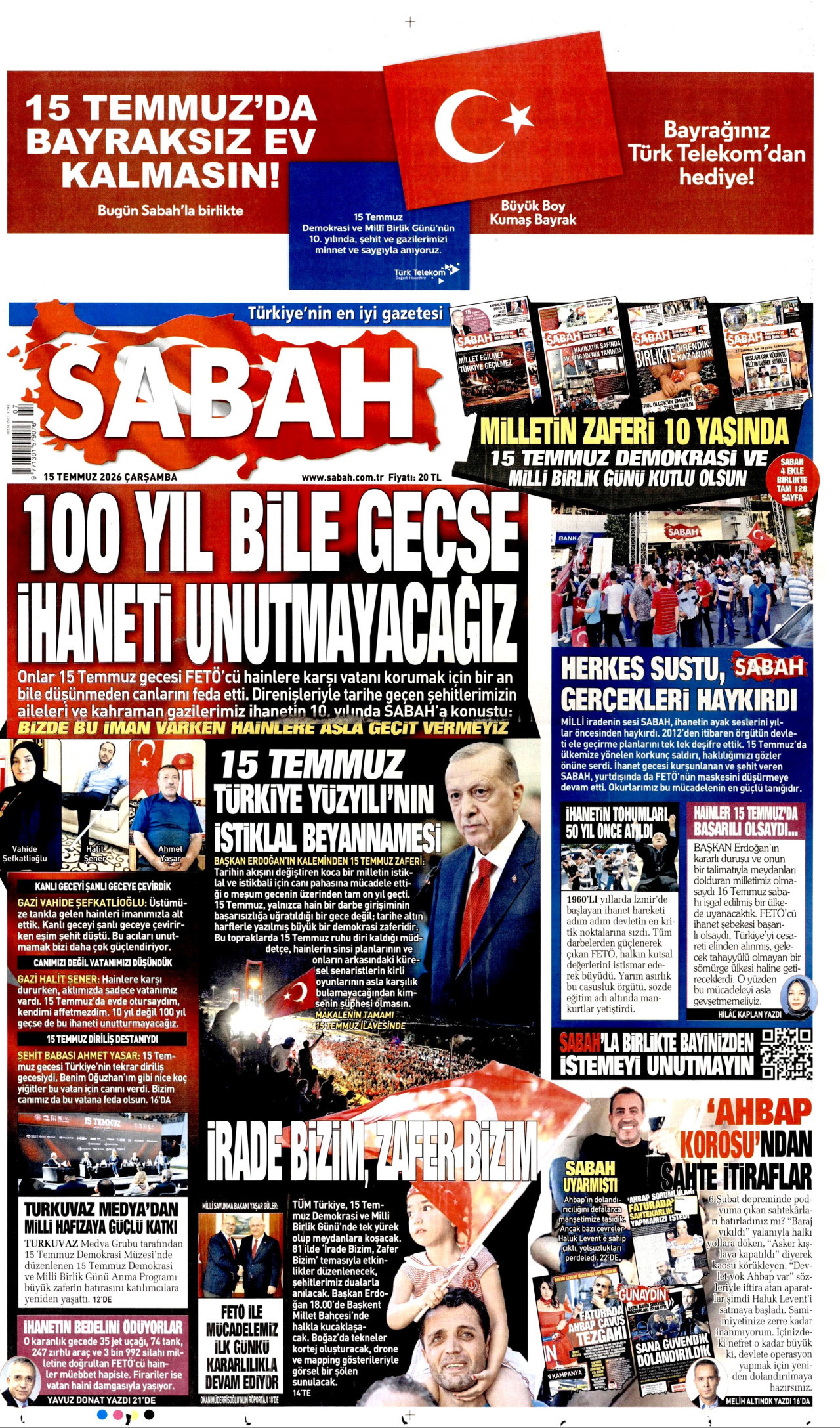 SABAH gazetesinin 15 Temmuz 2026 tarihli birinci sayfası