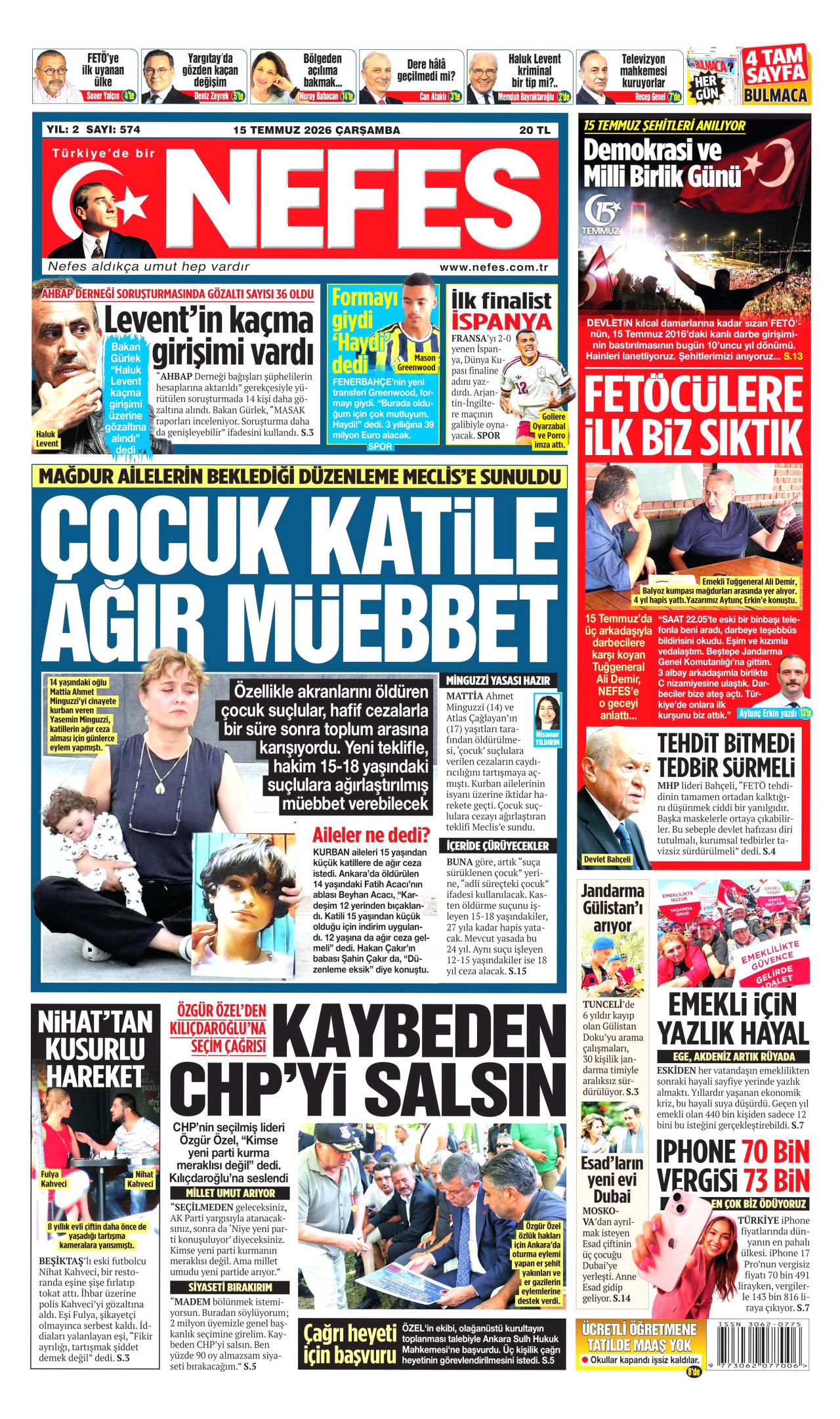 NEFES gazetesinin 15 Temmuz 2026 tarihli birinci sayfası