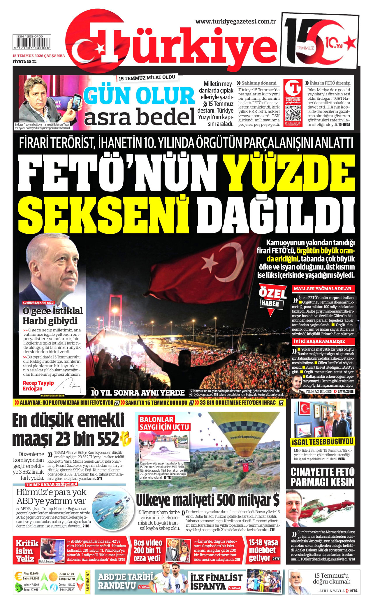 TÜRKİYE GAZETESİ gazetesinin 15 Temmuz 2026 tarihli birinci sayfası