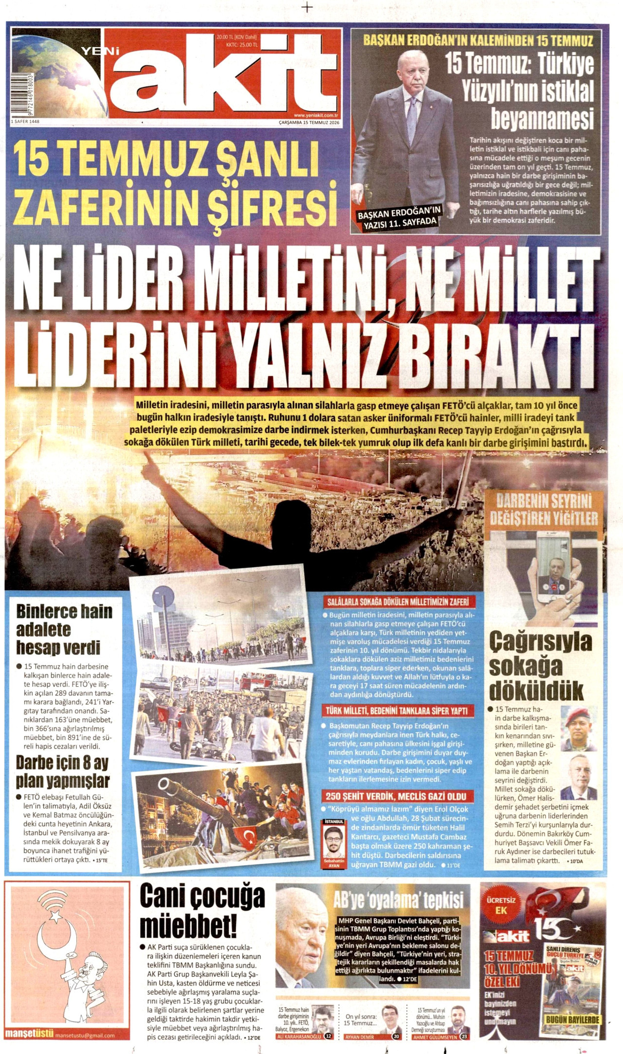 YENİ AKİT gazetesinin 15 Temmuz 2026 tarihli birinci sayfası