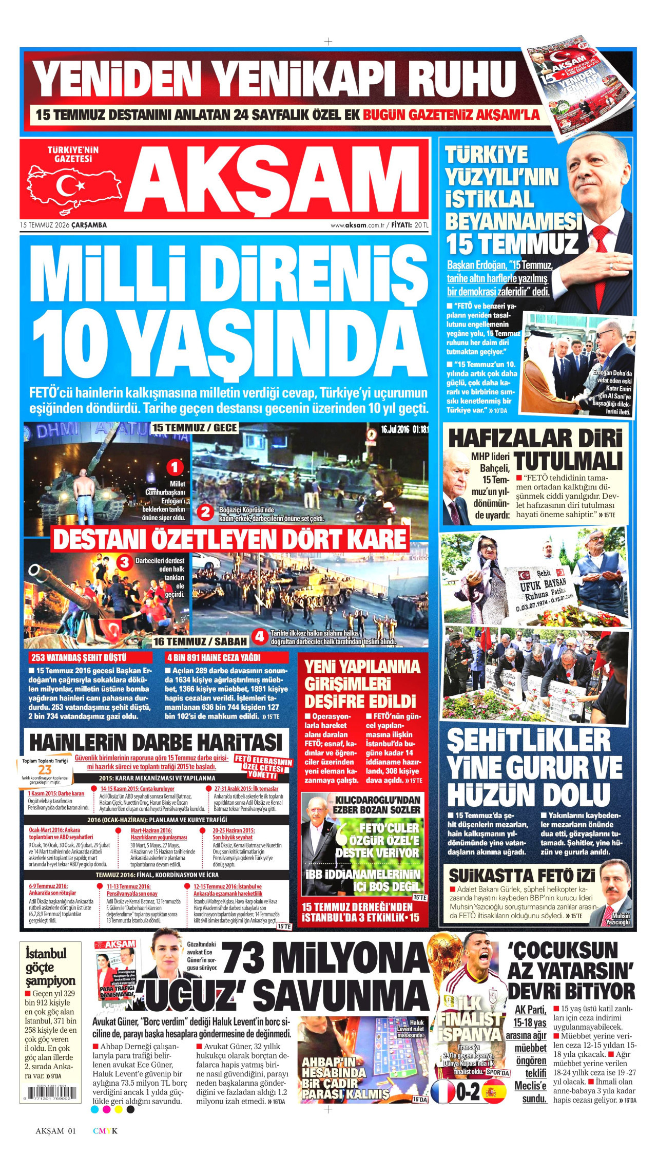 AKŞAM gazetesinin 15 Temmuz 2026 tarihli birinci sayfası
