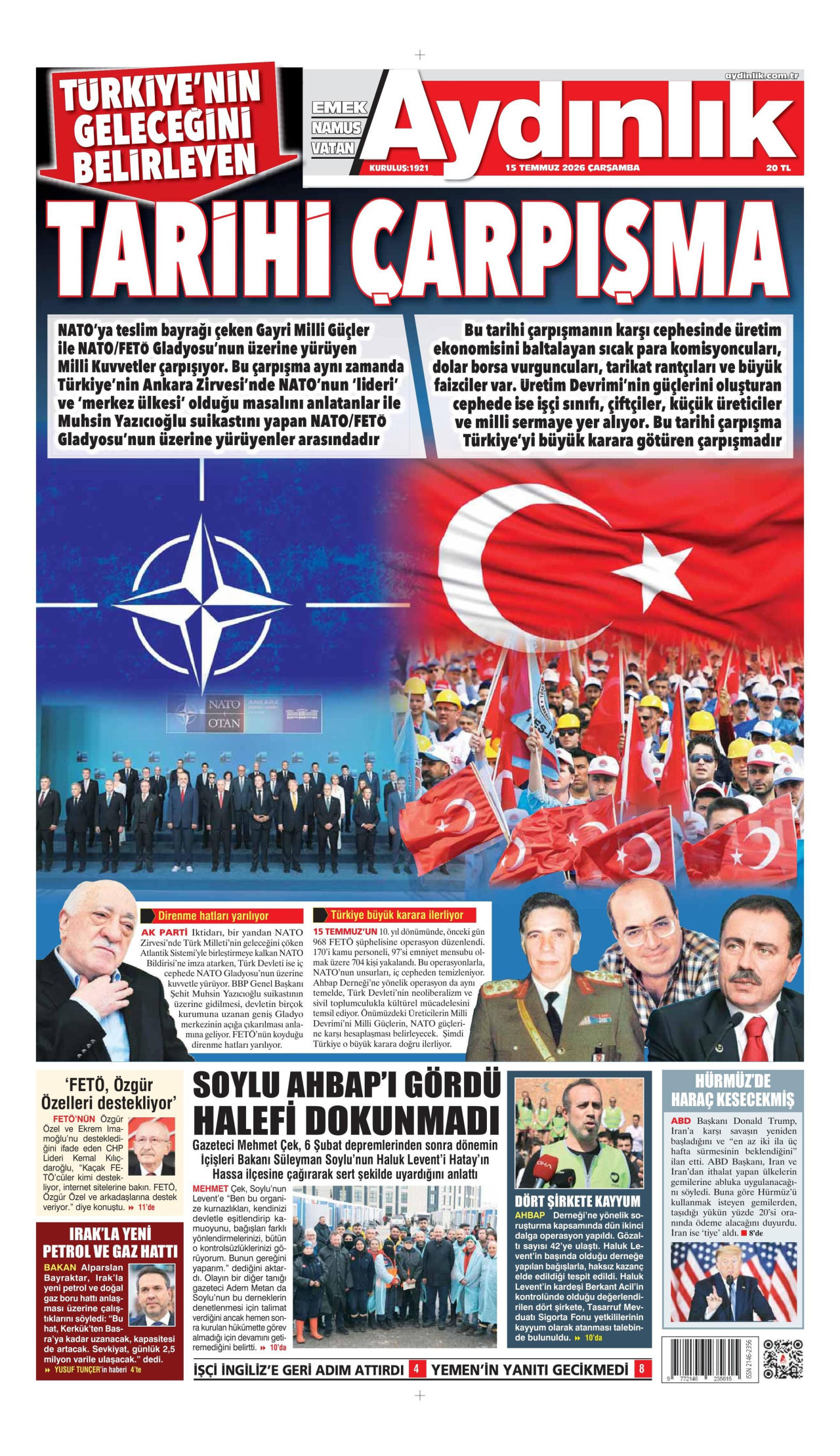 AYDINLIK GAZETESİ gazetesinin 15 Temmuz 2026 tarihli birinci sayfası