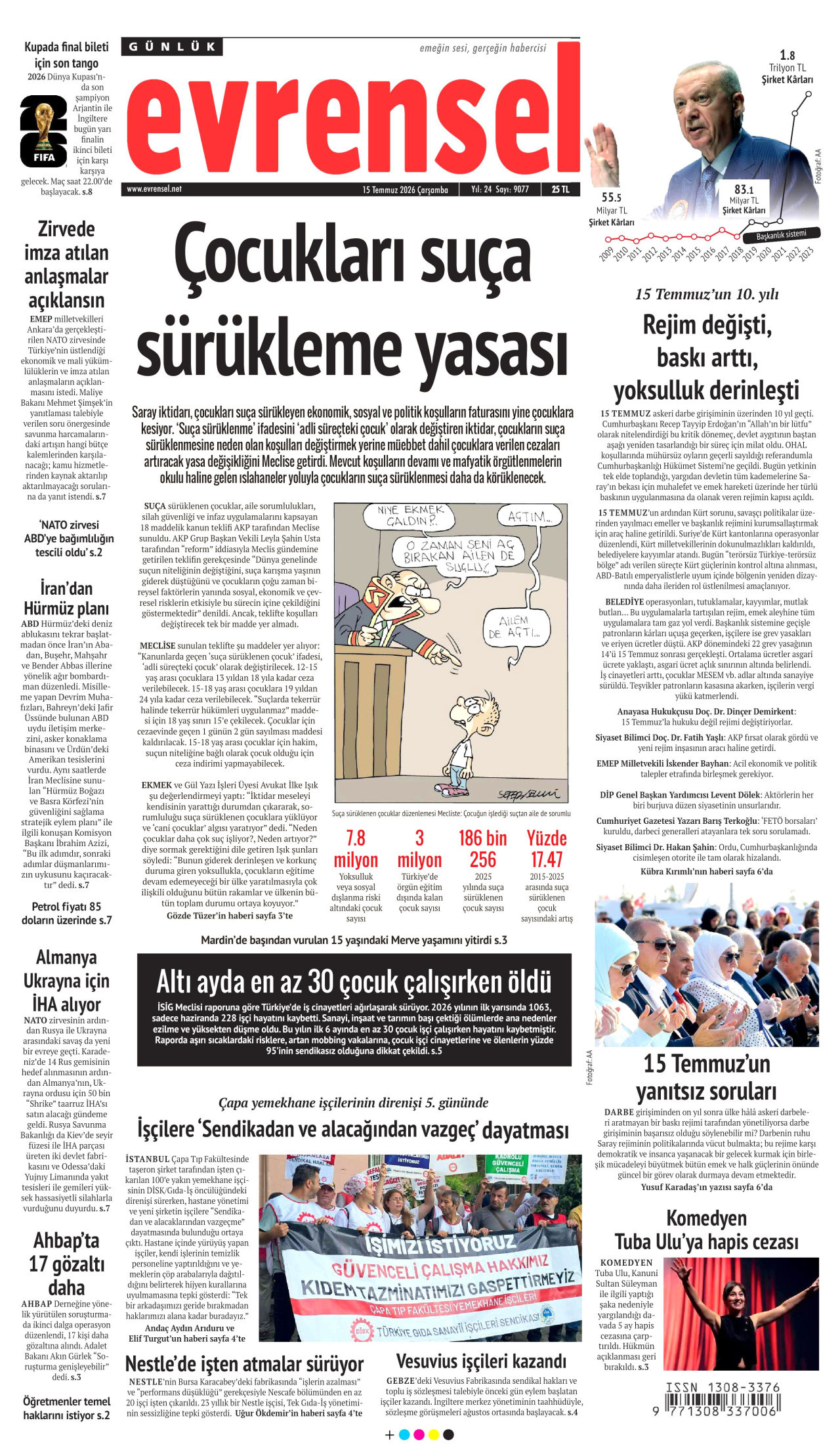 EVRENSEL gazetesinin 15 Temmuz 2026 tarihli birinci sayfası