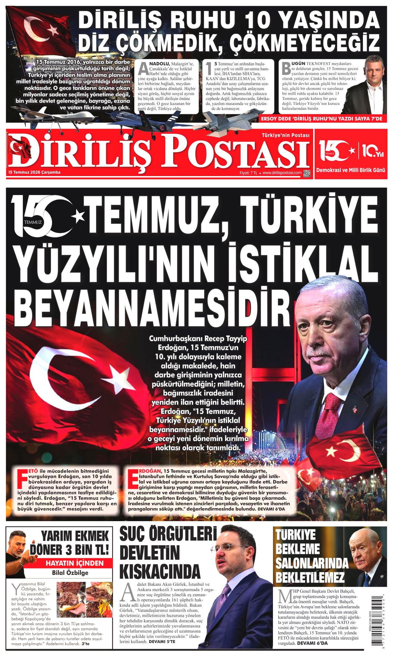 DİRİLİŞ POSTASI gazetesinin 15 Temmuz 2026 tarihli birinci sayfası