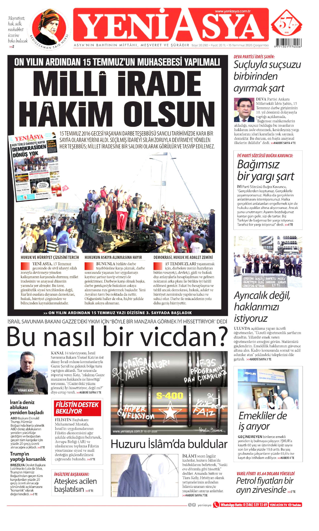 YENİ ASYA gazetesinin 15 Temmuz 2026 tarihli birinci sayfası