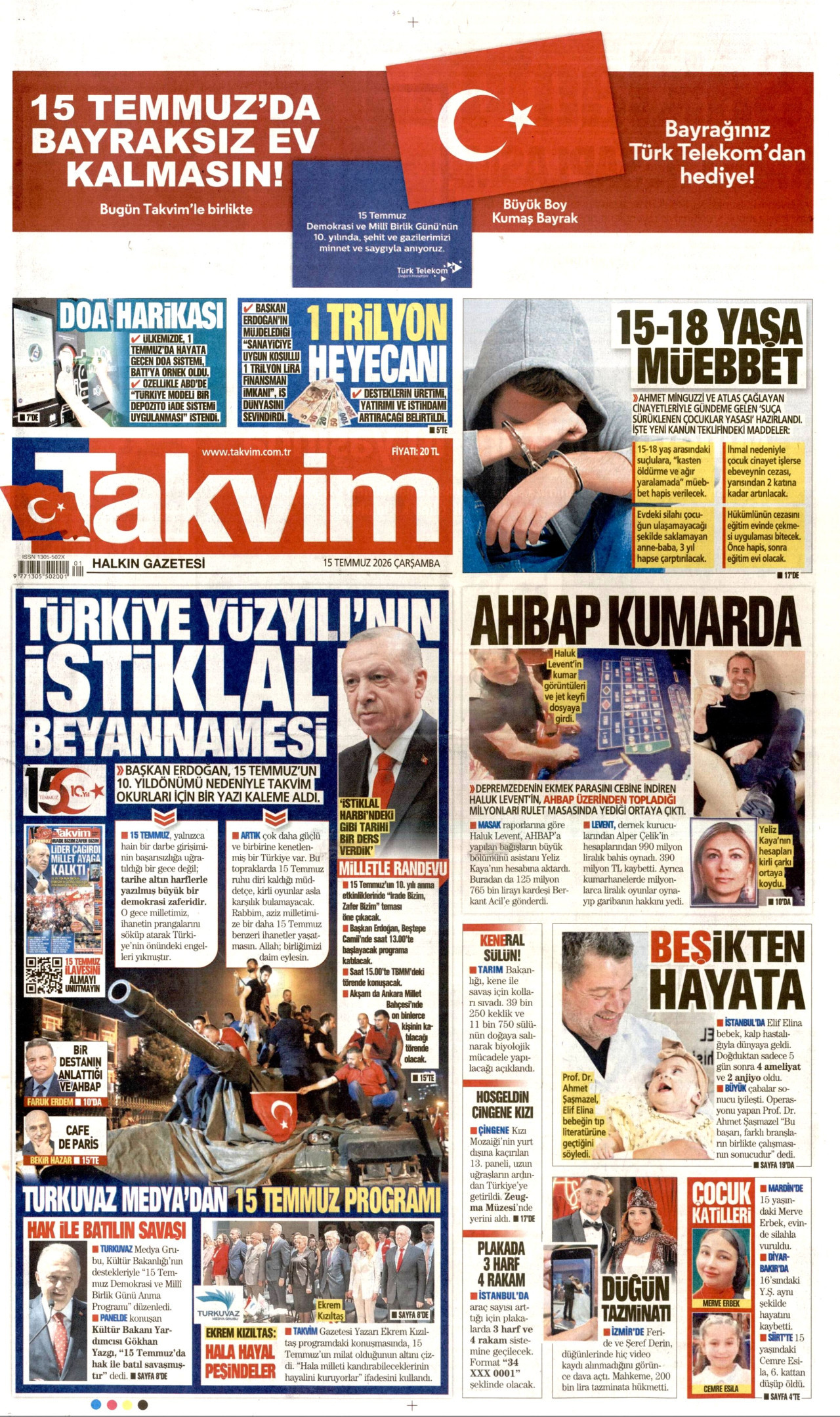 TAKVİM gazetesinin 15 Temmuz 2026 tarihli birinci sayfası