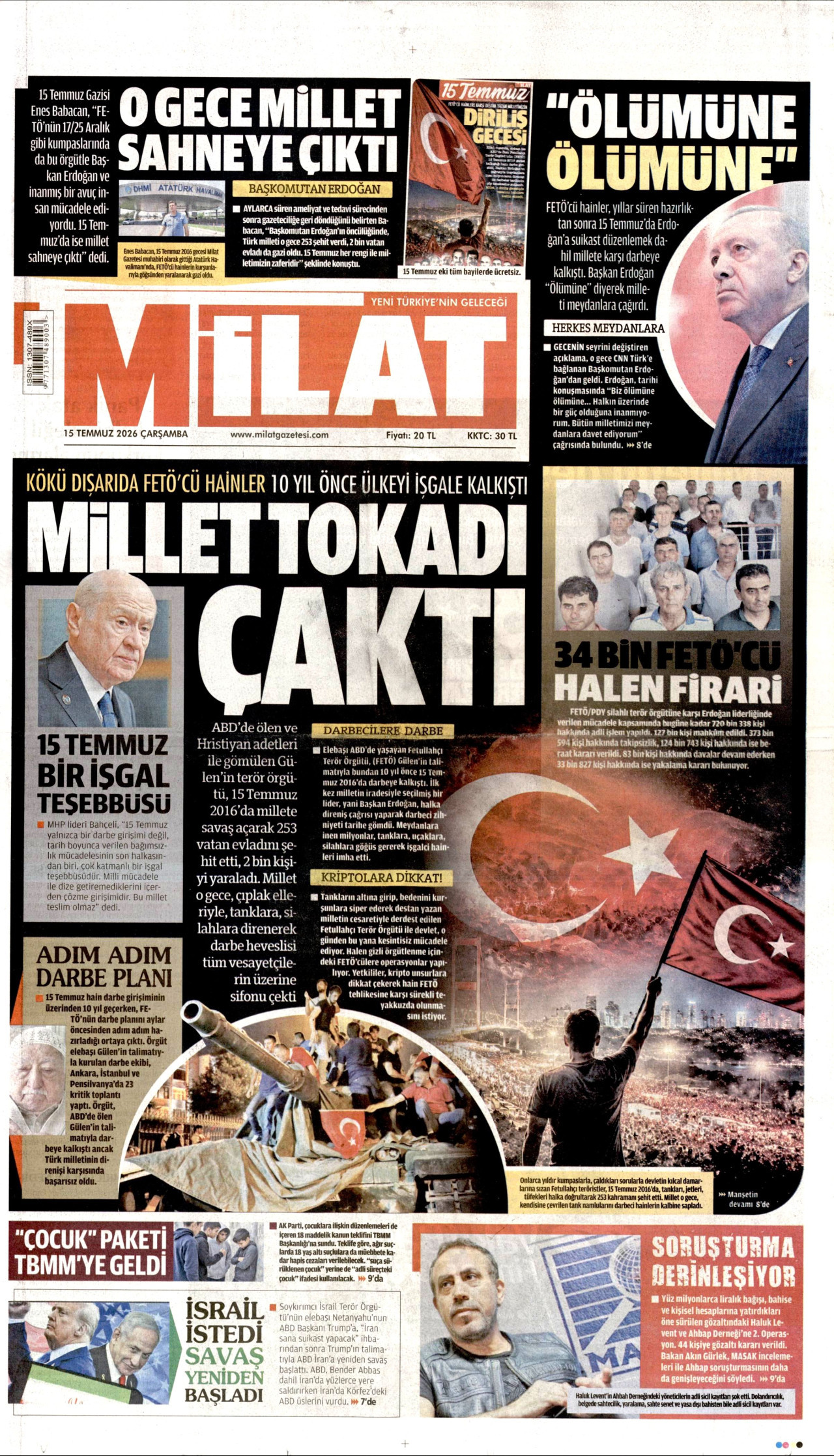 MİLAT gazetesinin 15 Temmuz 2026 tarihli birinci sayfası