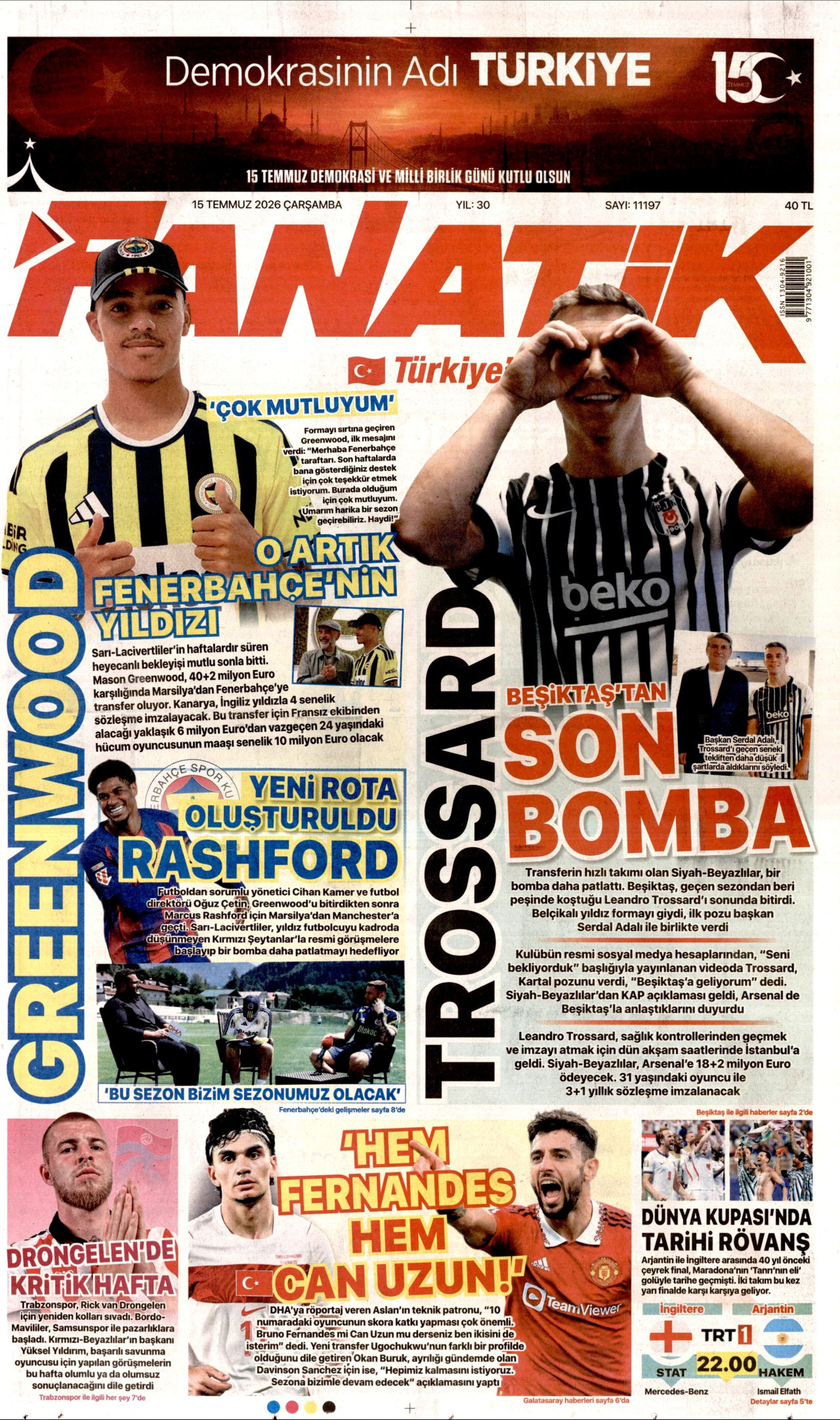 FANATİK gazetesinin 15 Temmuz 2026 tarihli birinci sayfası