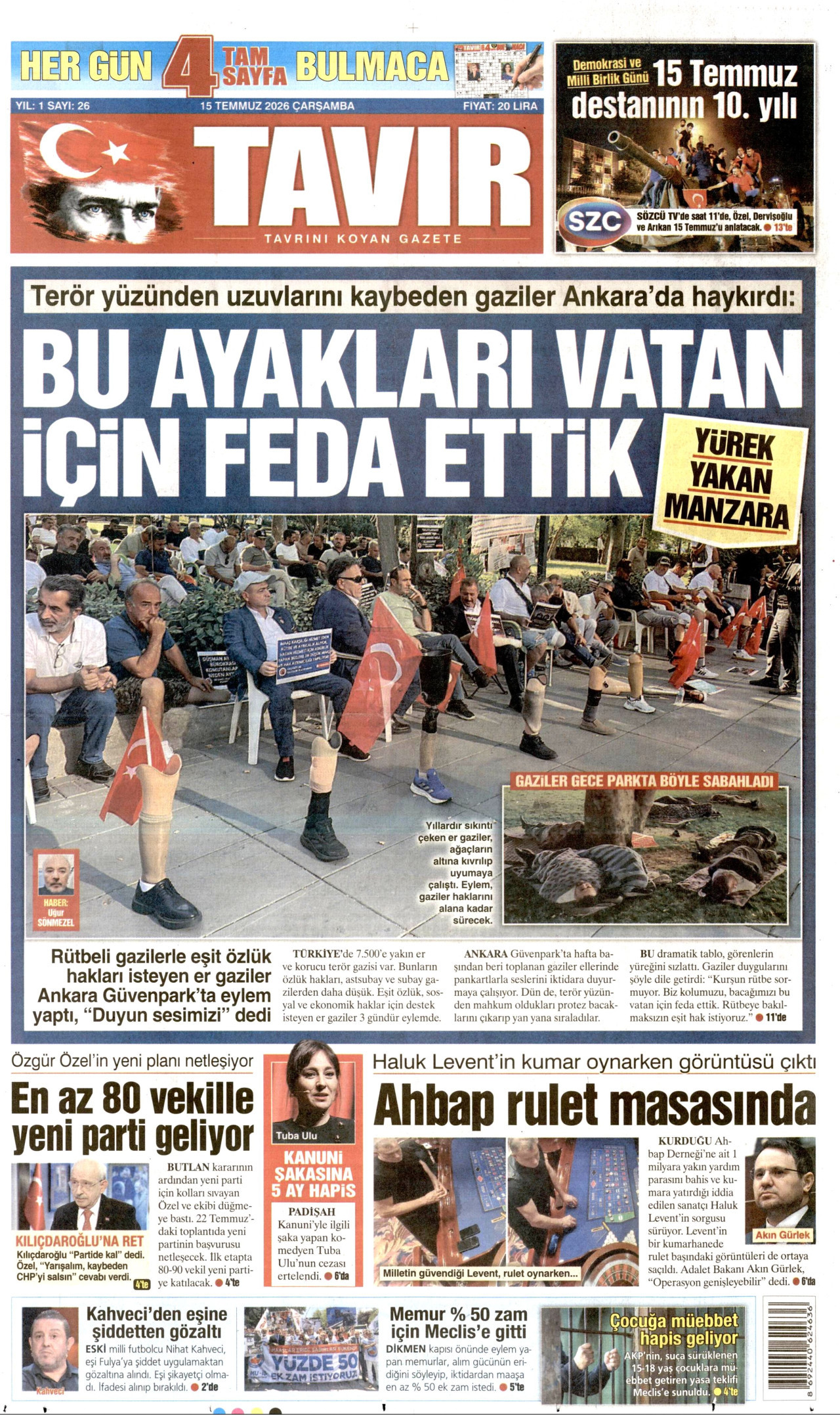 TAVIR GAZETESİ gazetesinin 15 Temmuz 2026 tarihli birinci sayfası