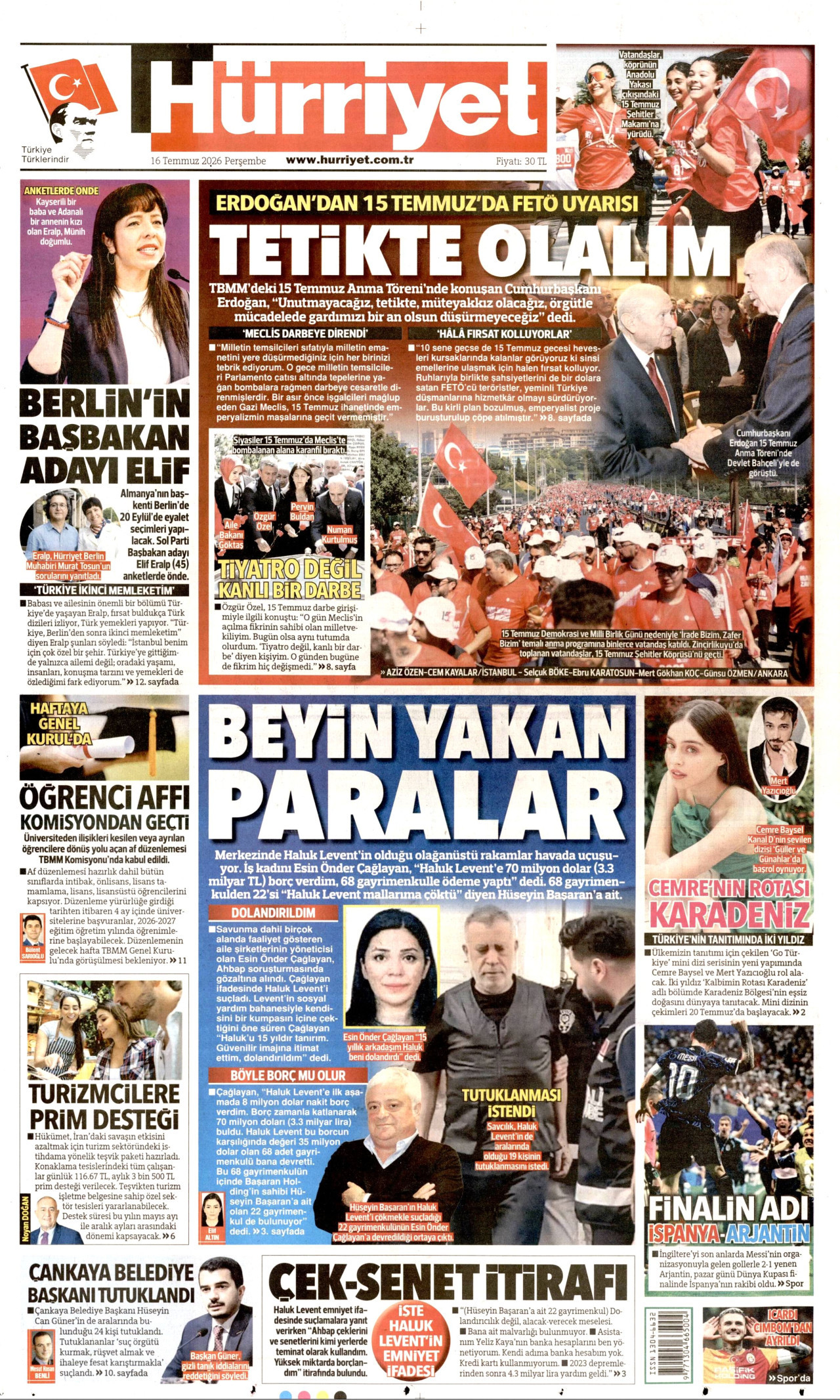 HÜRRİYET gazetesinin 16 Temmuz 2026 tarihli birinci sayfası