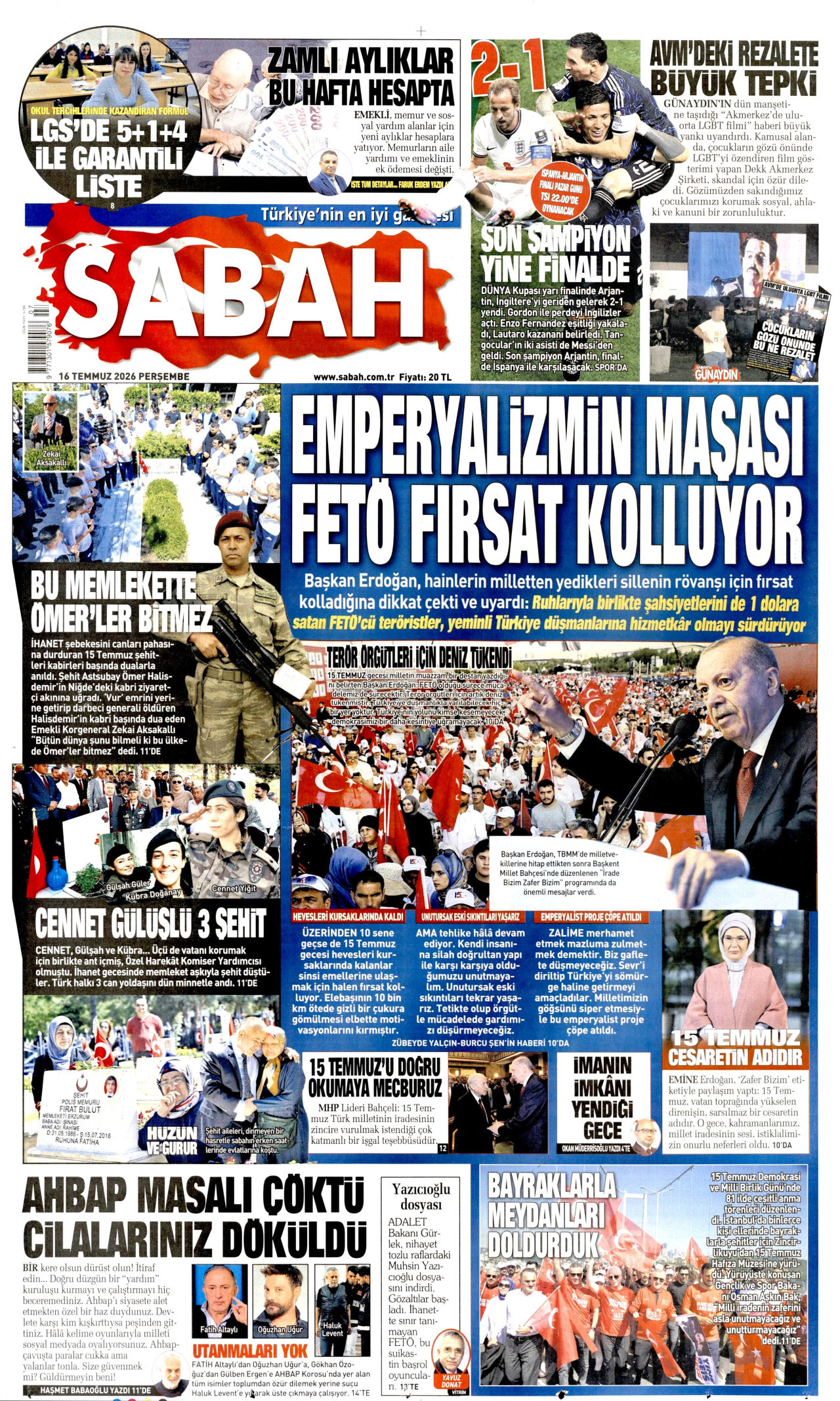 SABAH gazetesinin 16 Temmuz 2026 tarihli birinci sayfası