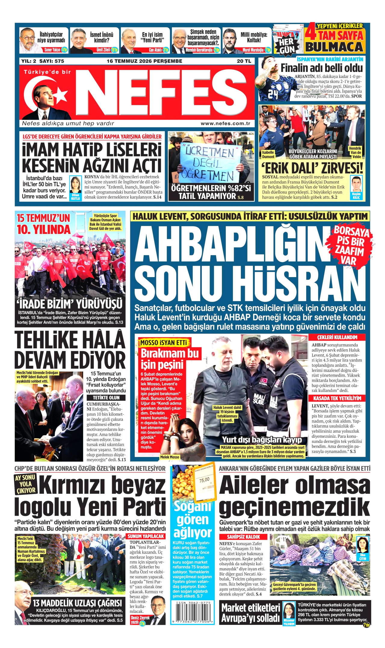NEFES gazetesinin 16 Temmuz 2026 tarihli birinci sayfası