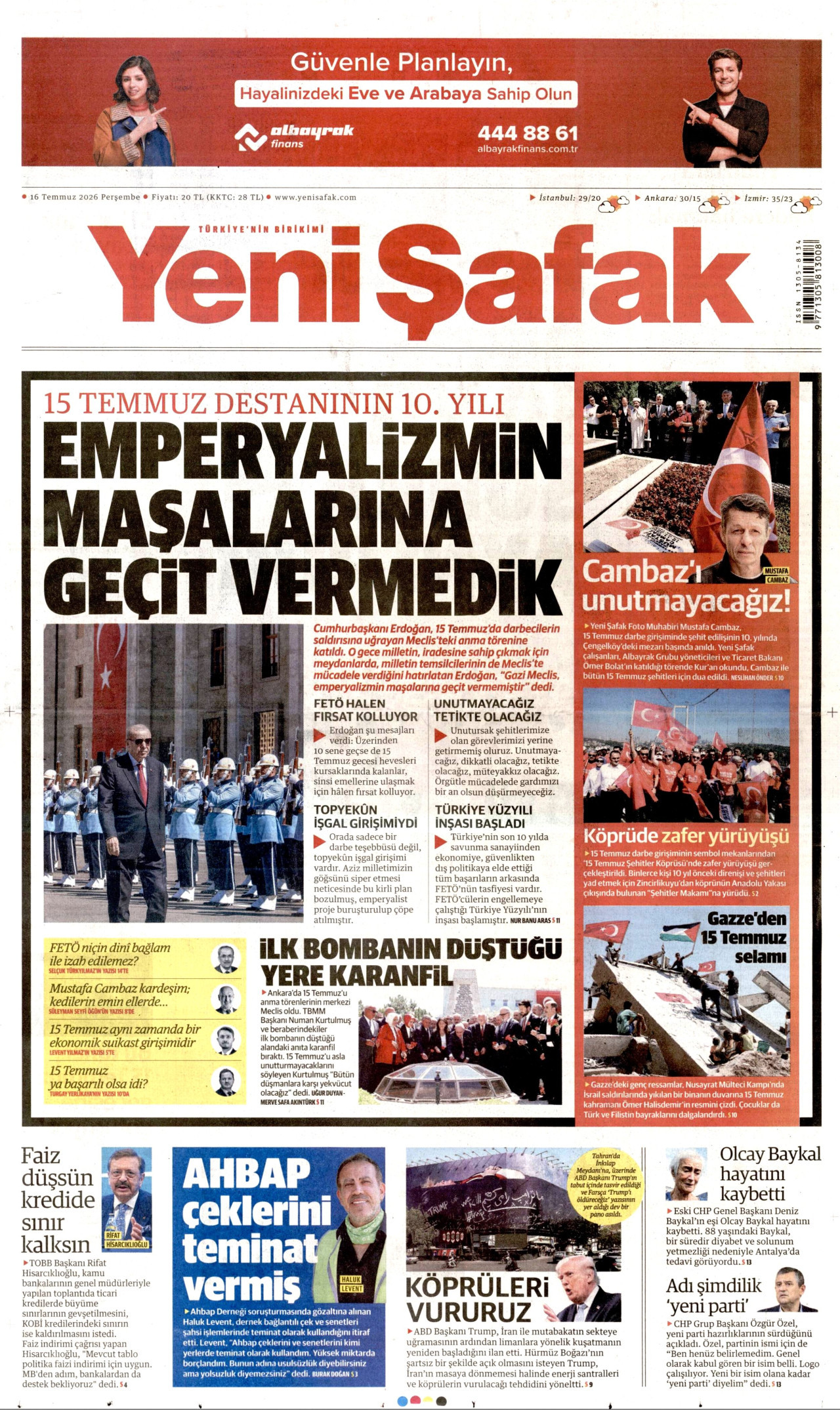 YENİ ŞAFAK gazetesinin 16 Temmuz 2026 tarihli birinci sayfası