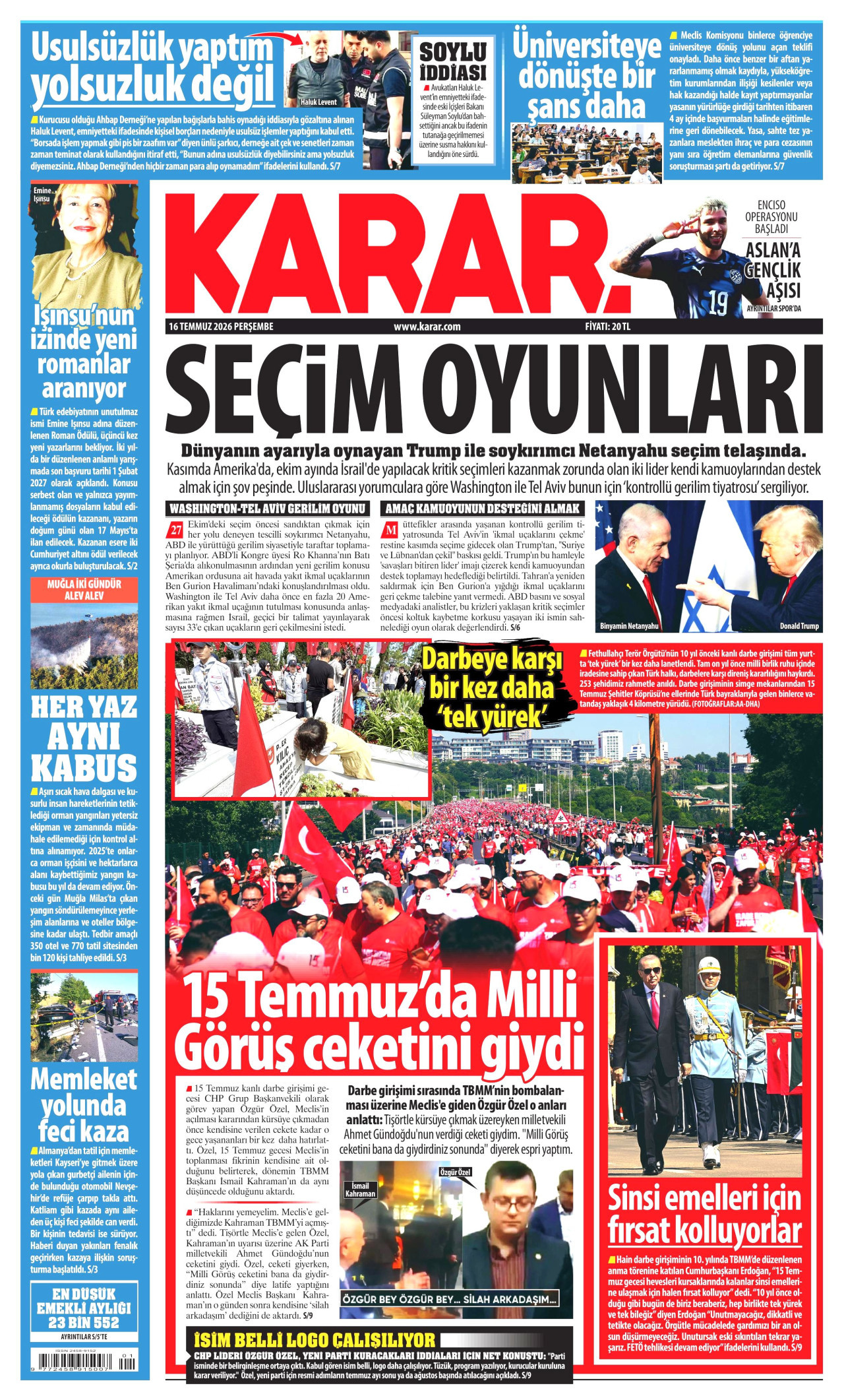 KARAR gazetesinin 16 Temmuz 2026 tarihli birinci sayfası