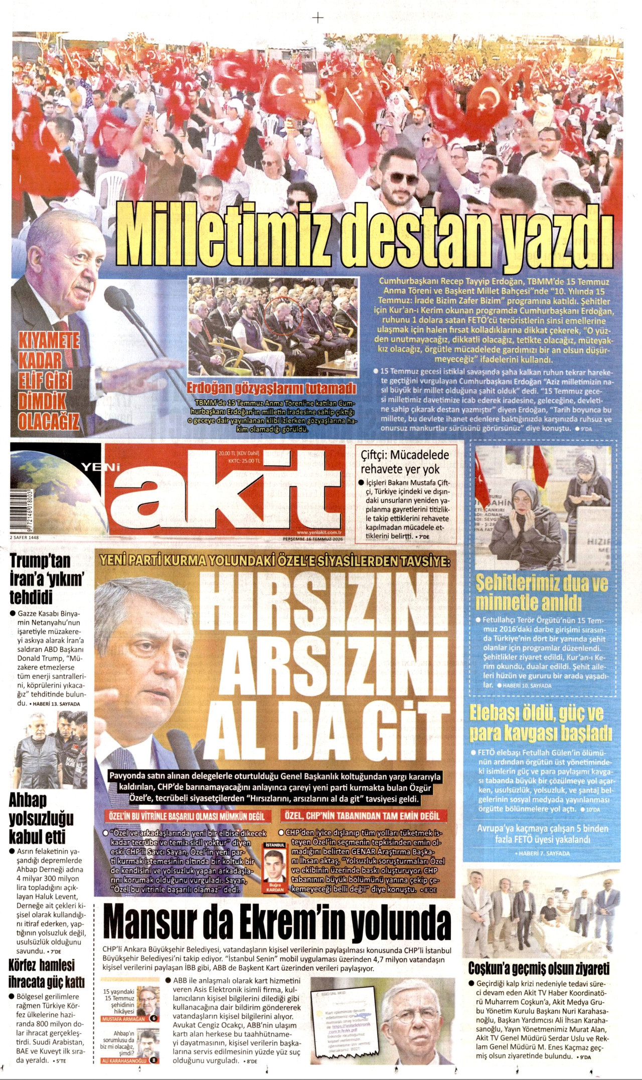 YENİ AKİT gazetesinin 16 Temmuz 2026 tarihli birinci sayfası