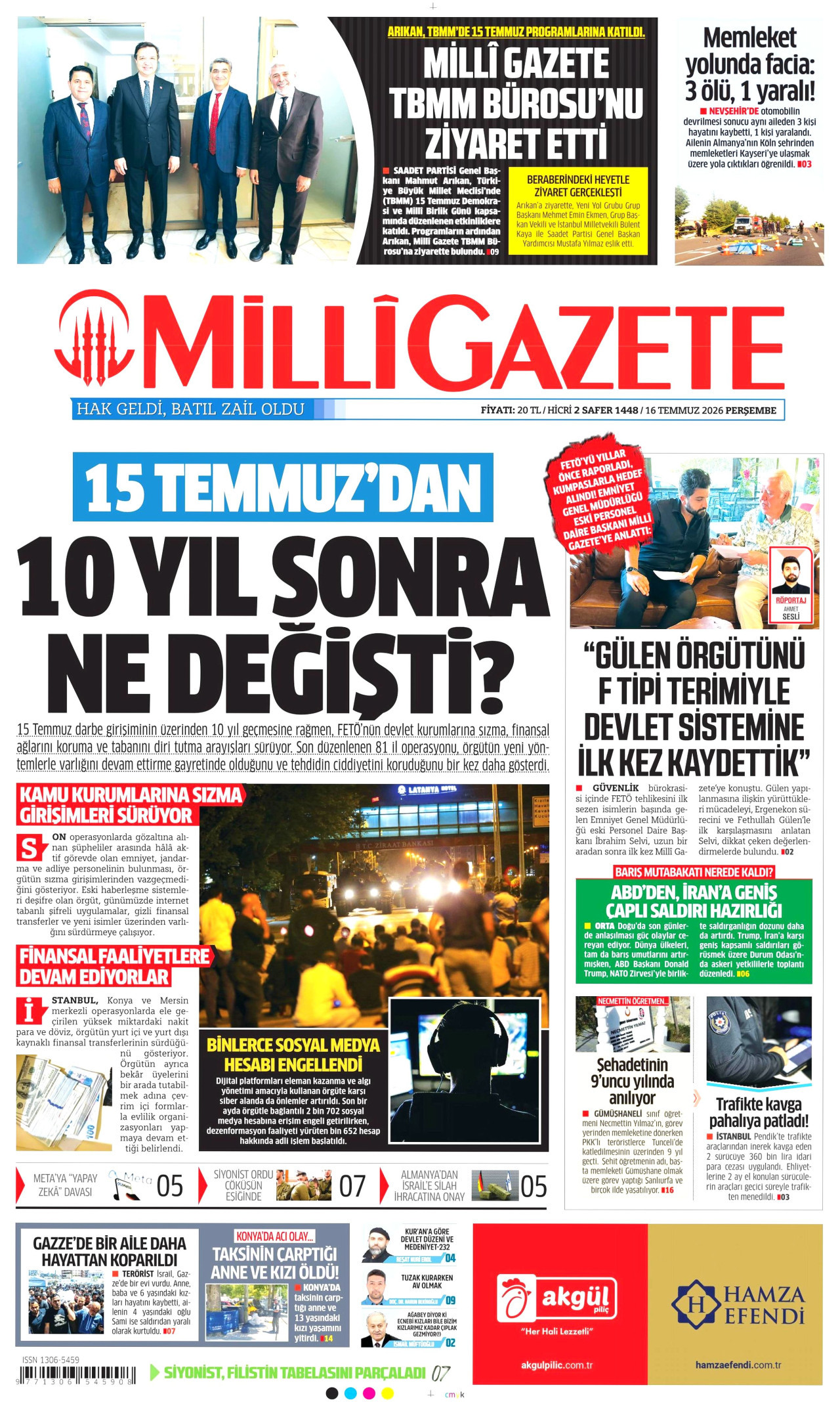 MİLLİ GAZETE gazetesinin 16 Temmuz 2026 tarihli birinci sayfası