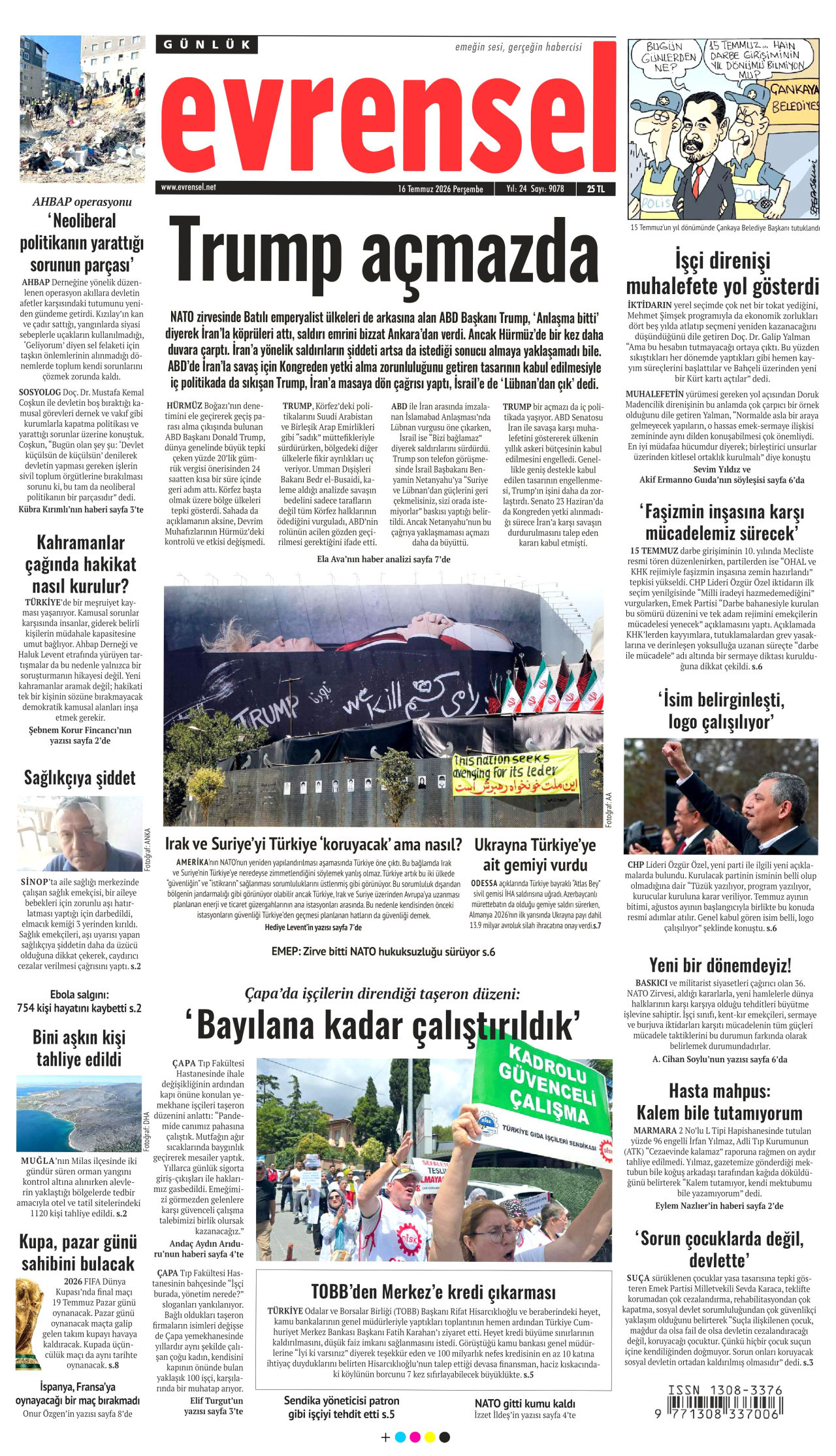 EVRENSEL gazetesinin 16 Temmuz 2026 tarihli birinci sayfası