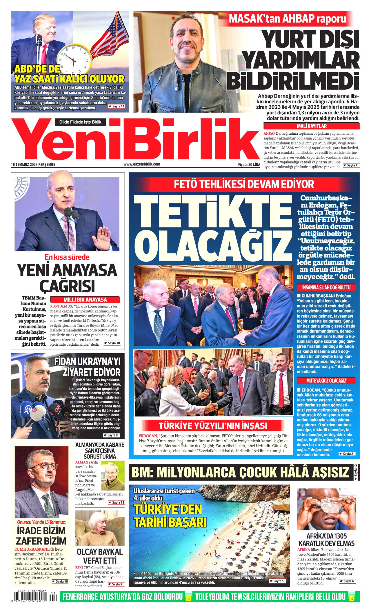 YENİBİRLİK gazetesinin 16 Temmuz 2026 tarihli birinci sayfası