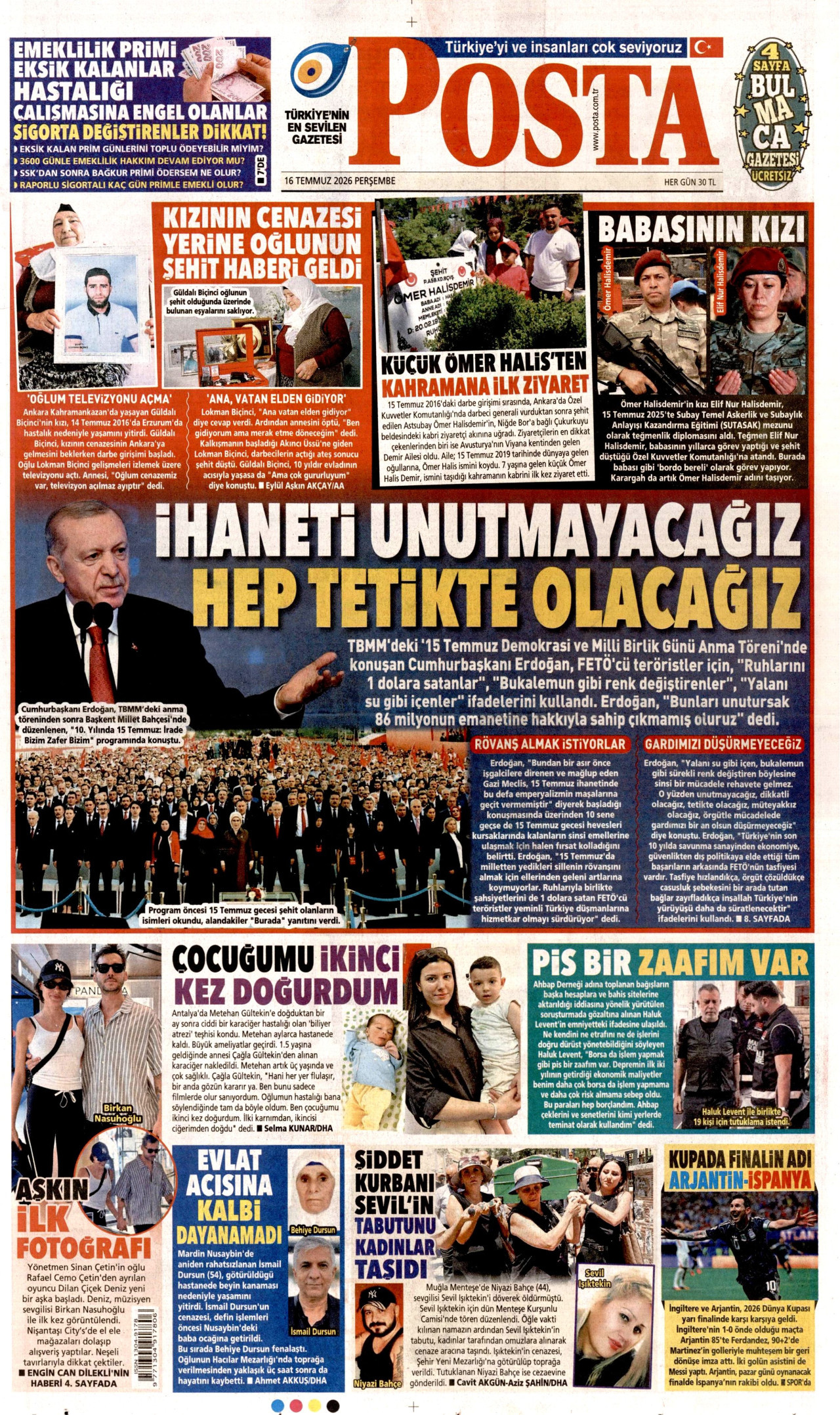POSTA gazetesinin 16 Temmuz 2026 tarihli birinci sayfası