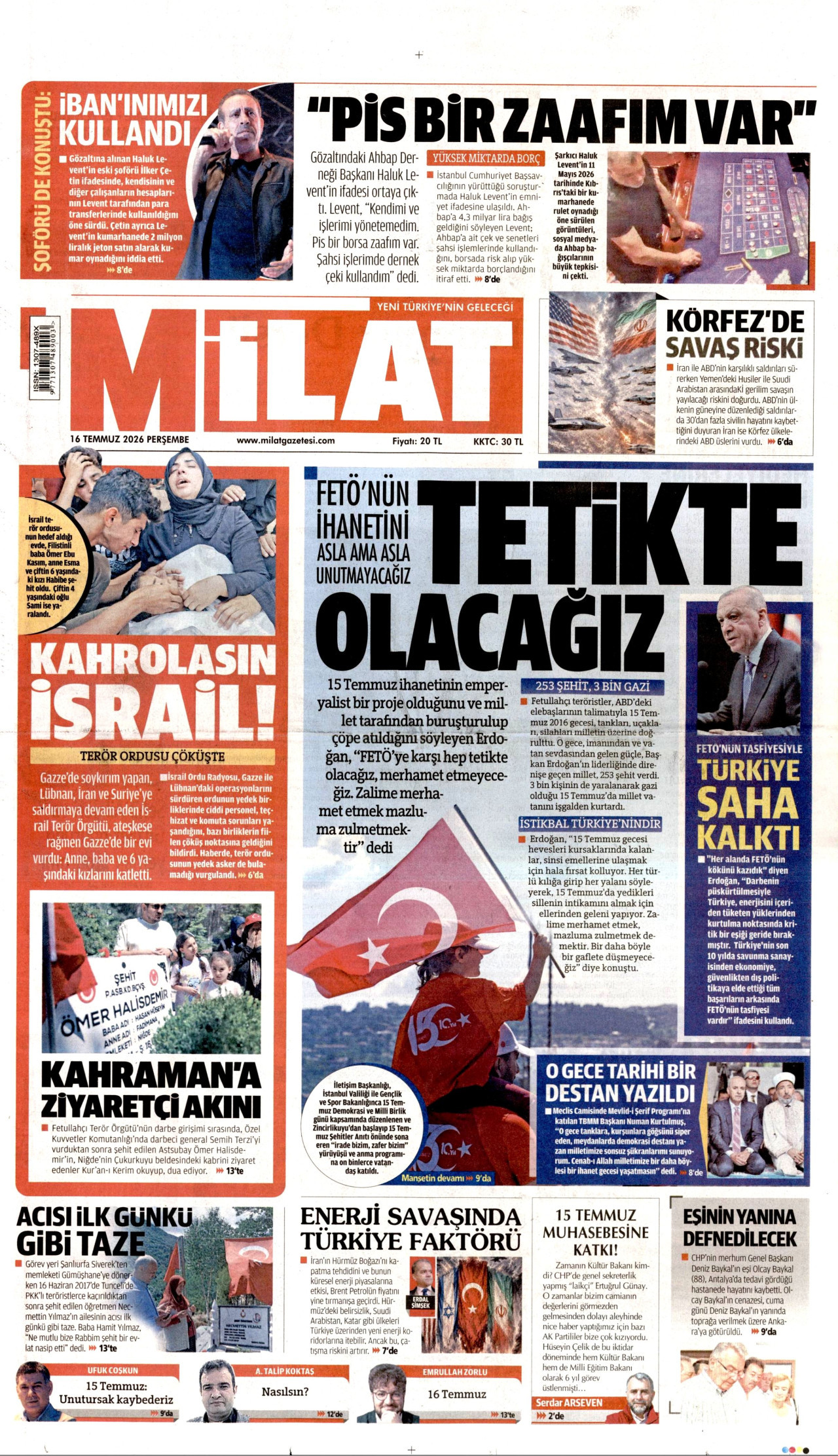 MİLAT gazetesinin 16 Temmuz 2026 tarihli birinci sayfası
