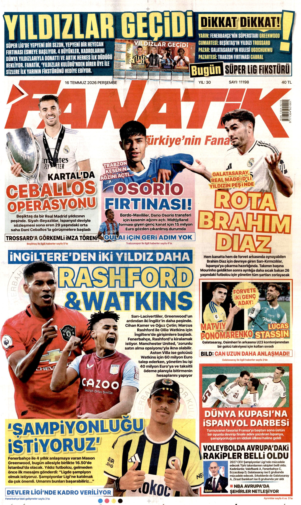 FANATİK gazetesinin 16 Temmuz 2026 tarihli birinci sayfası
