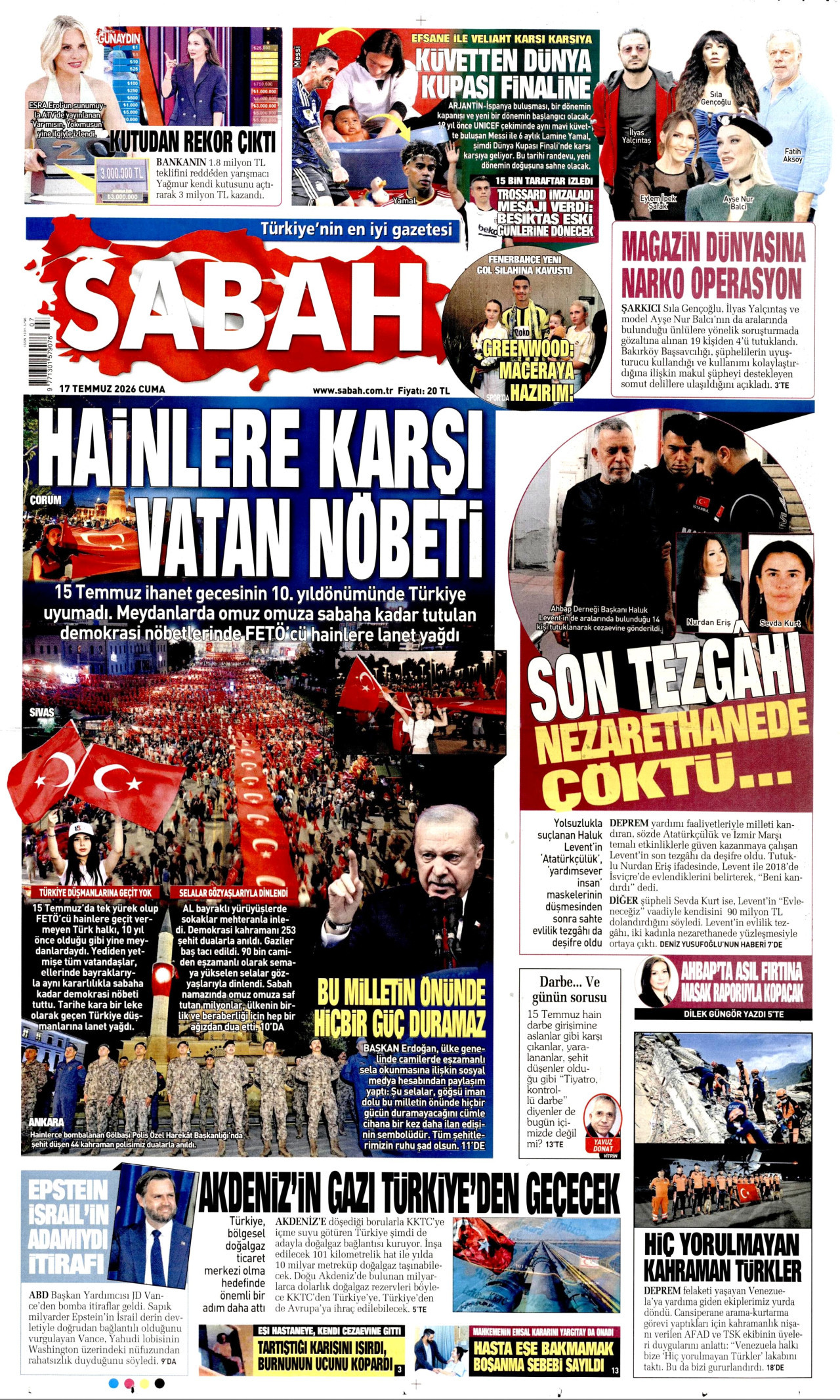 SABAH gazetesinin 17 Temmuz 2026 tarihli birinci sayfası