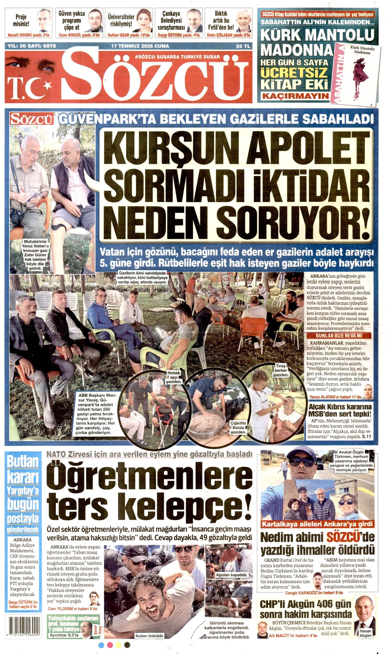 SÖZCÜ gazetesinin 17 Temmuz 2026 tarihli birinci sayfası