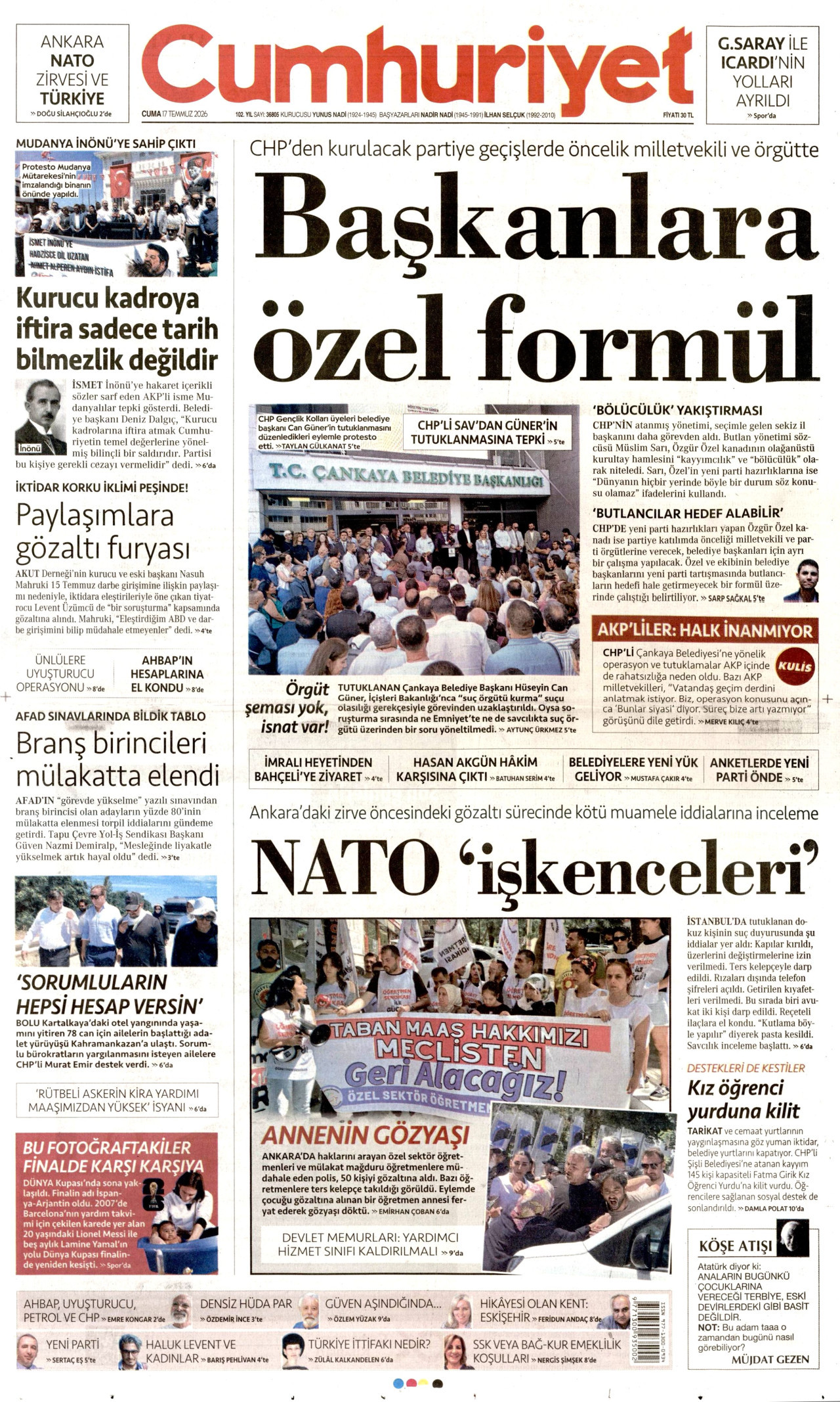 CUMHURİYET gazetesinin 17 Temmuz 2026 tarihli birinci sayfası