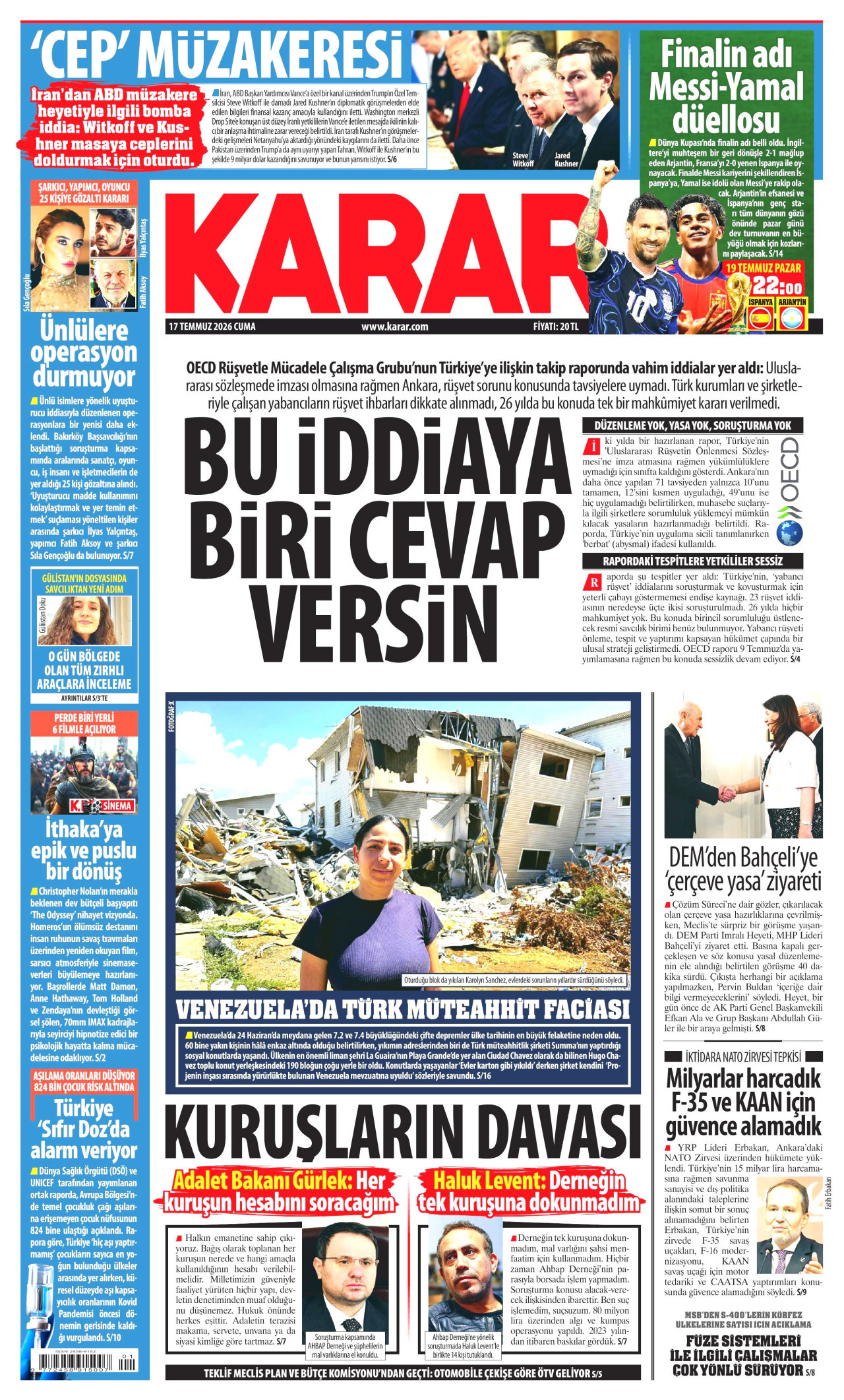 KARAR gazetesinin 17 Temmuz 2026 tarihli birinci sayfası