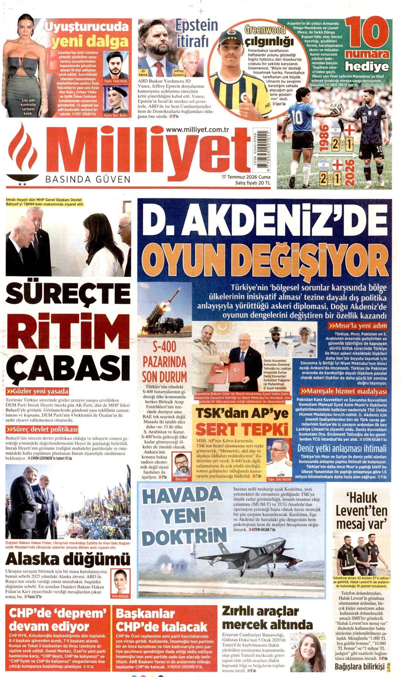 MİLLİYET gazetesinin 17 Temmuz 2026 tarihli birinci sayfası