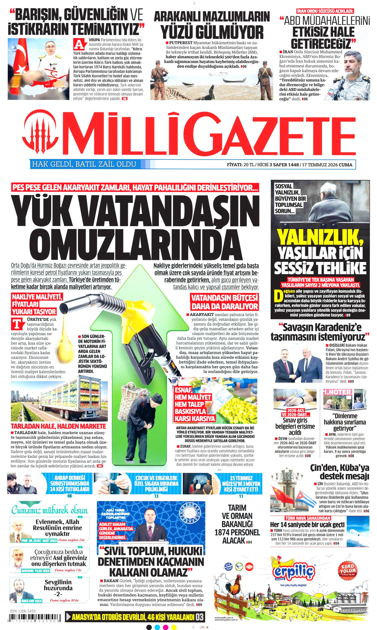 MİLLİ GAZETE gazetesinin 17 Temmuz 2026 tarihli birinci sayfası