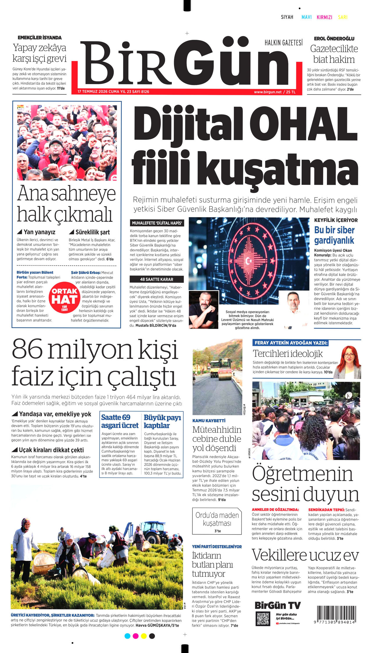 BİRGÜN gazetesinin 17 Temmuz 2026 tarihli birinci sayfası