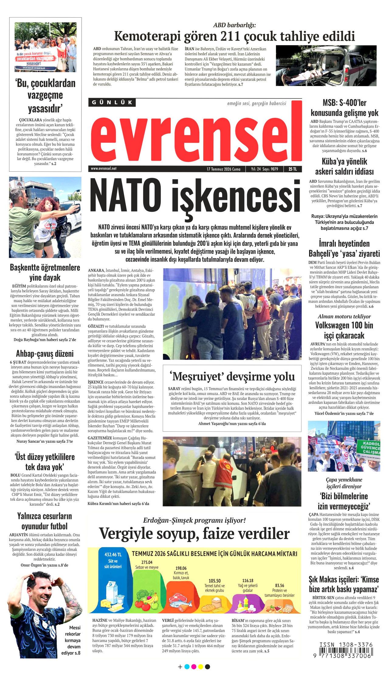 EVRENSEL gazetesinin 17 Temmuz 2026 tarihli birinci sayfası