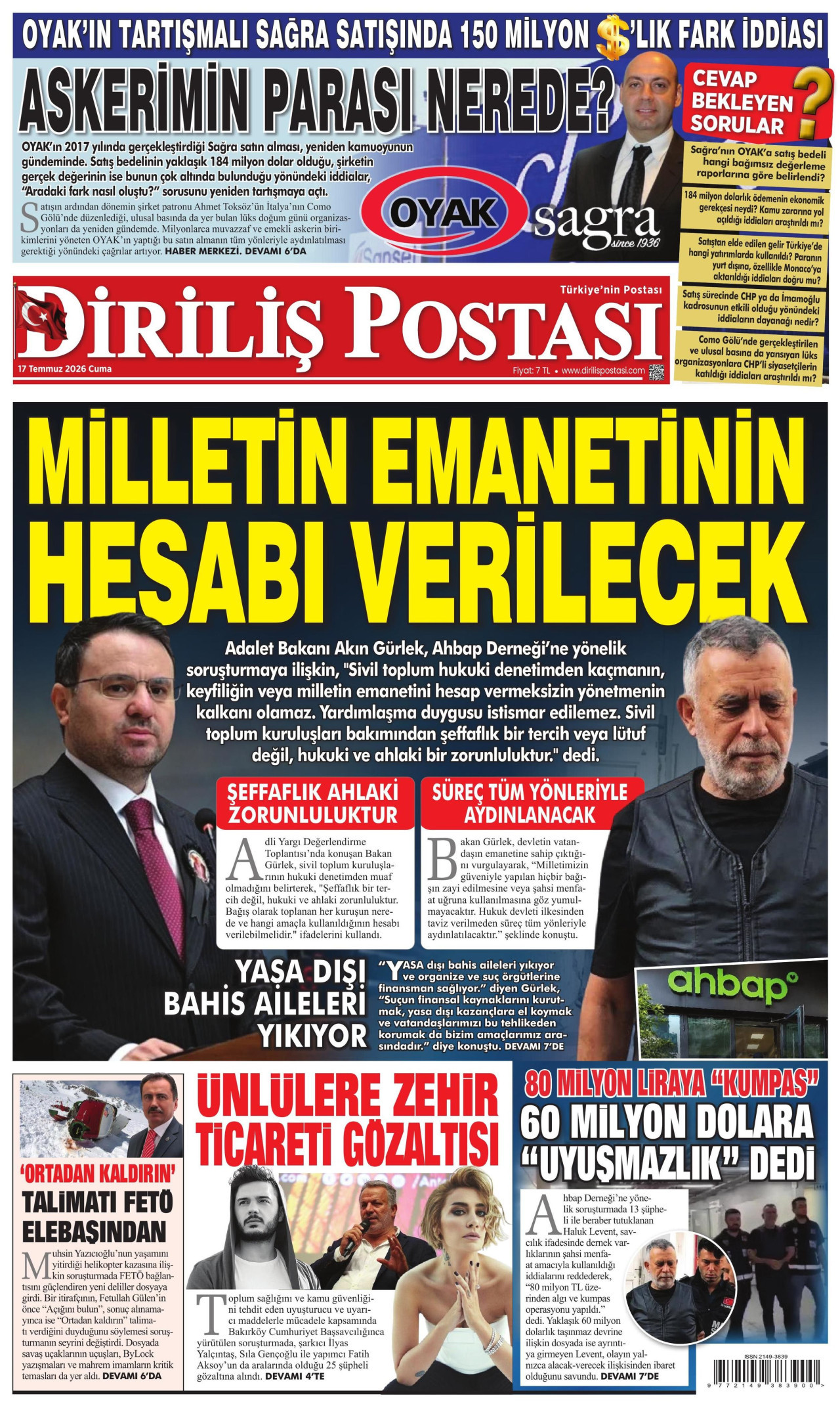DİRİLİŞ POSTASI gazetesinin 17 Temmuz 2026 tarihli birinci sayfası