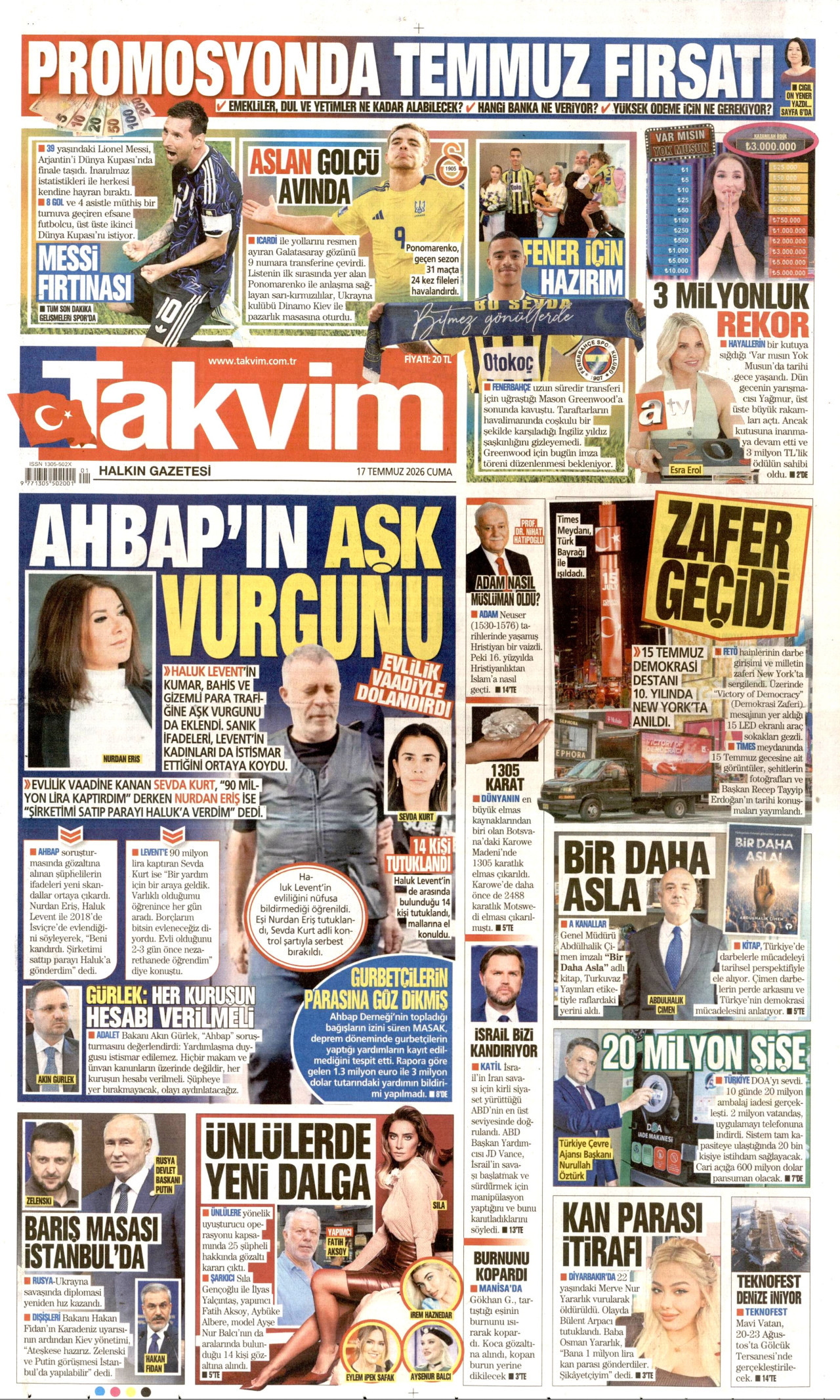 TAKVİM gazetesinin 17 Temmuz 2026 tarihli birinci sayfası