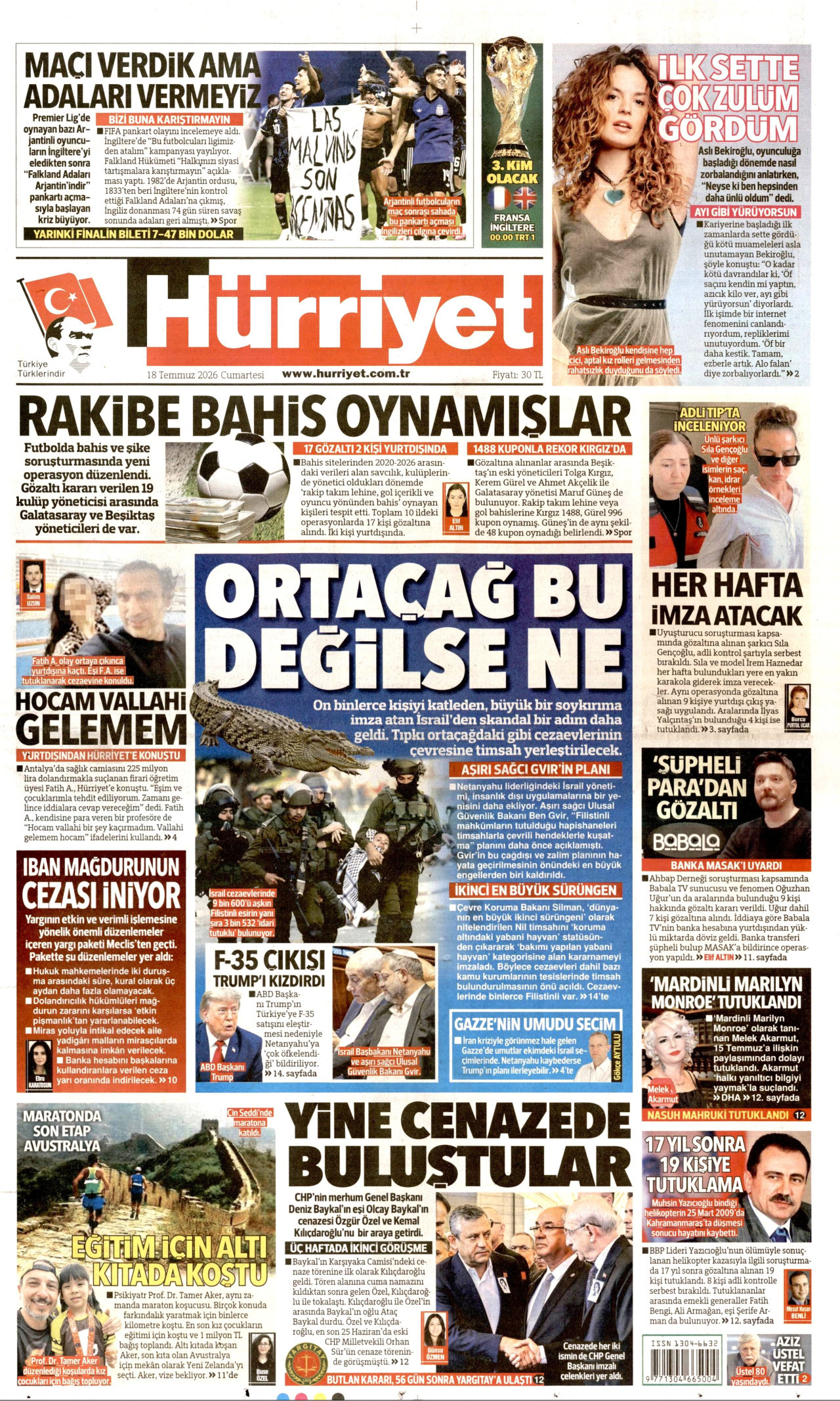 HÜRRİYET gazetesinin 18 Temmuz 2026 tarihli birinci sayfası