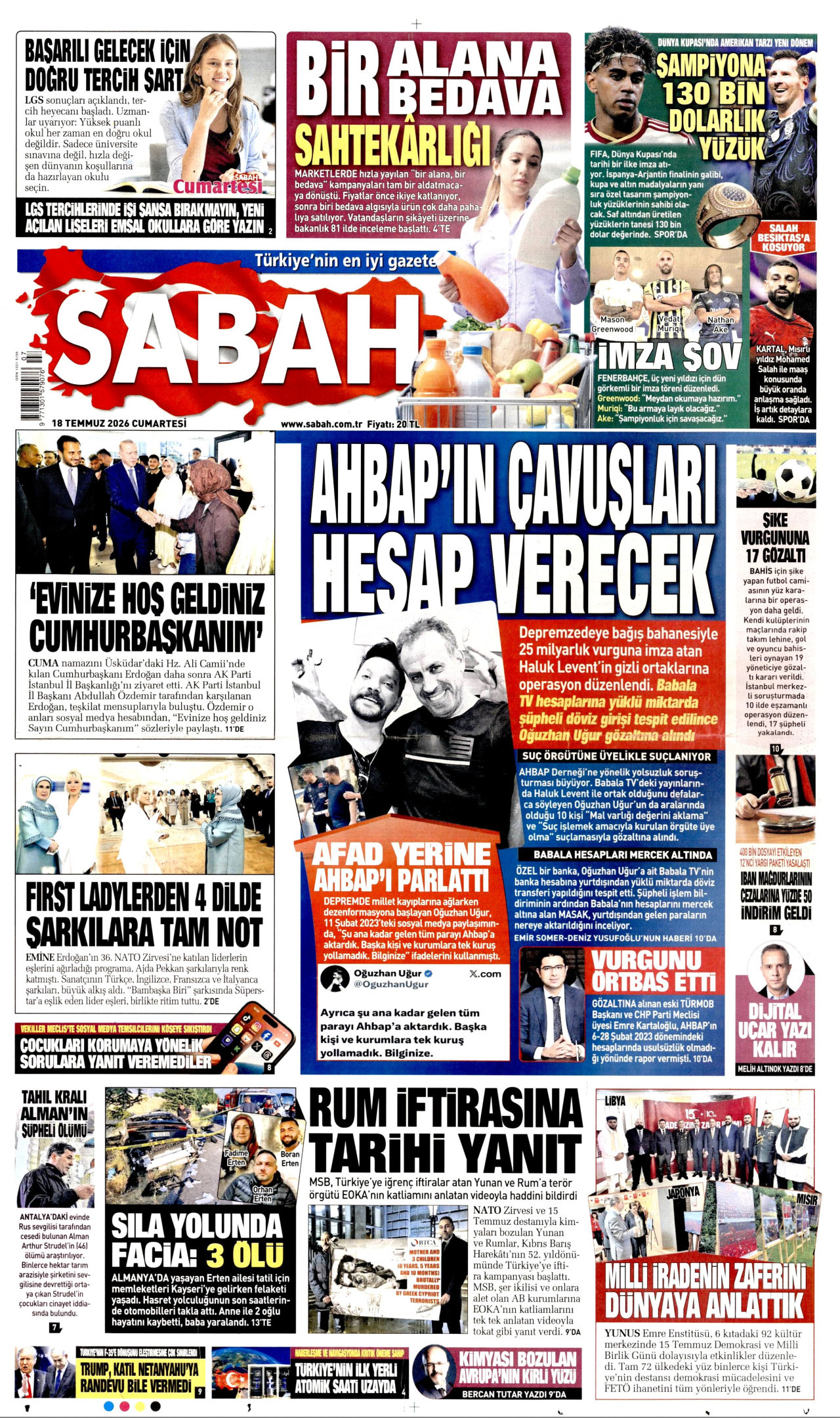 SABAH gazetesinin 18 Temmuz 2026 tarihli birinci sayfası