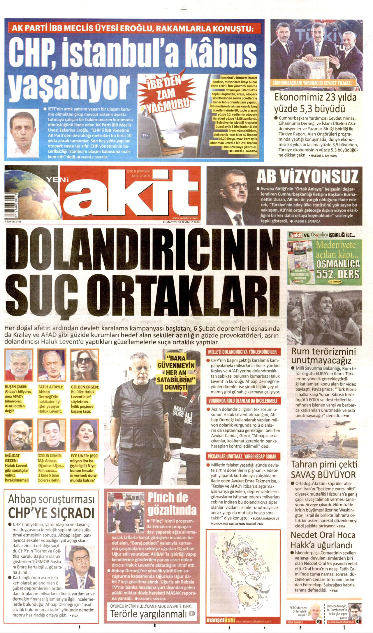 YENİ AKİT gazetesinin 18 Temmuz 2026 tarihli birinci sayfası
