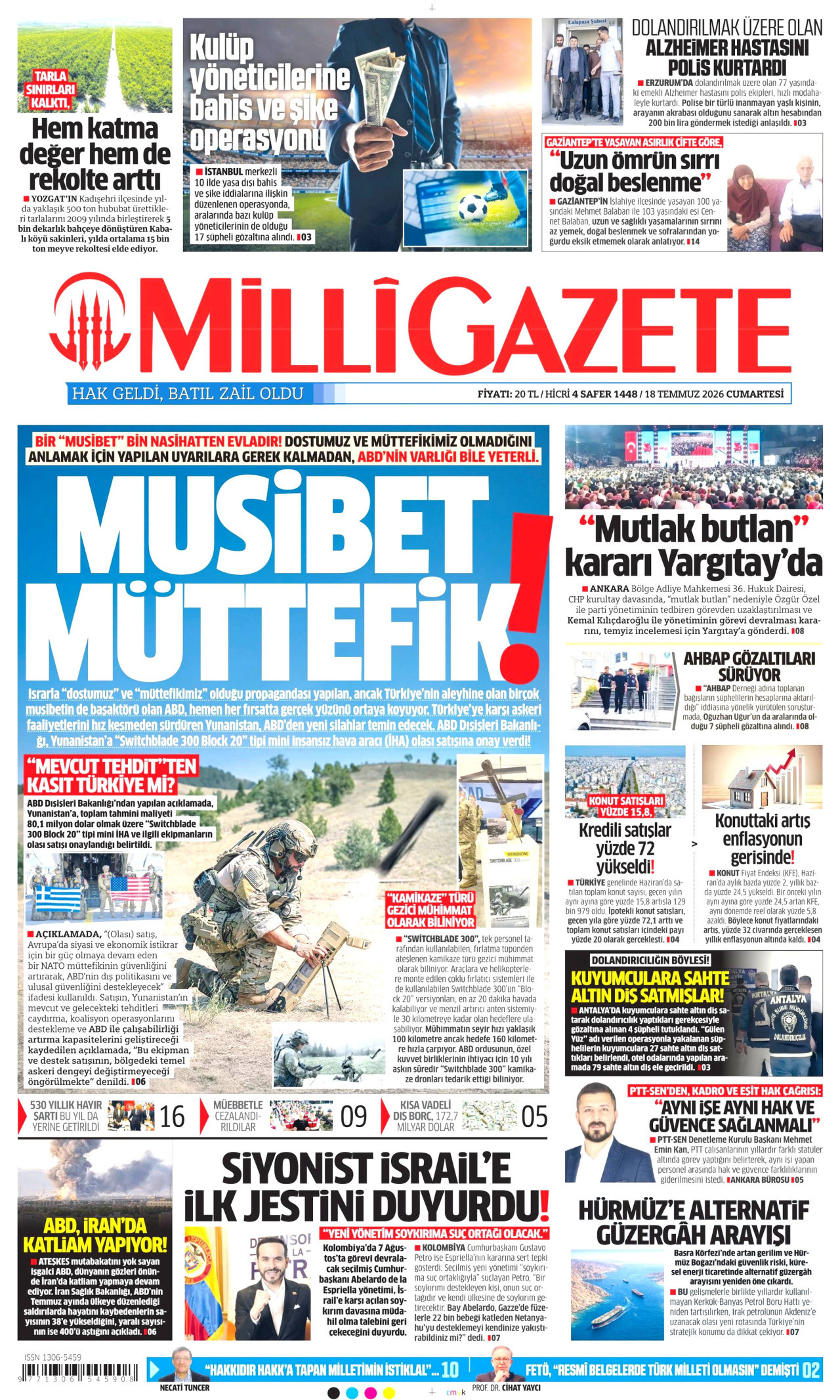 MİLLİ GAZETE gazetesinin 18 Temmuz 2026 tarihli birinci sayfası