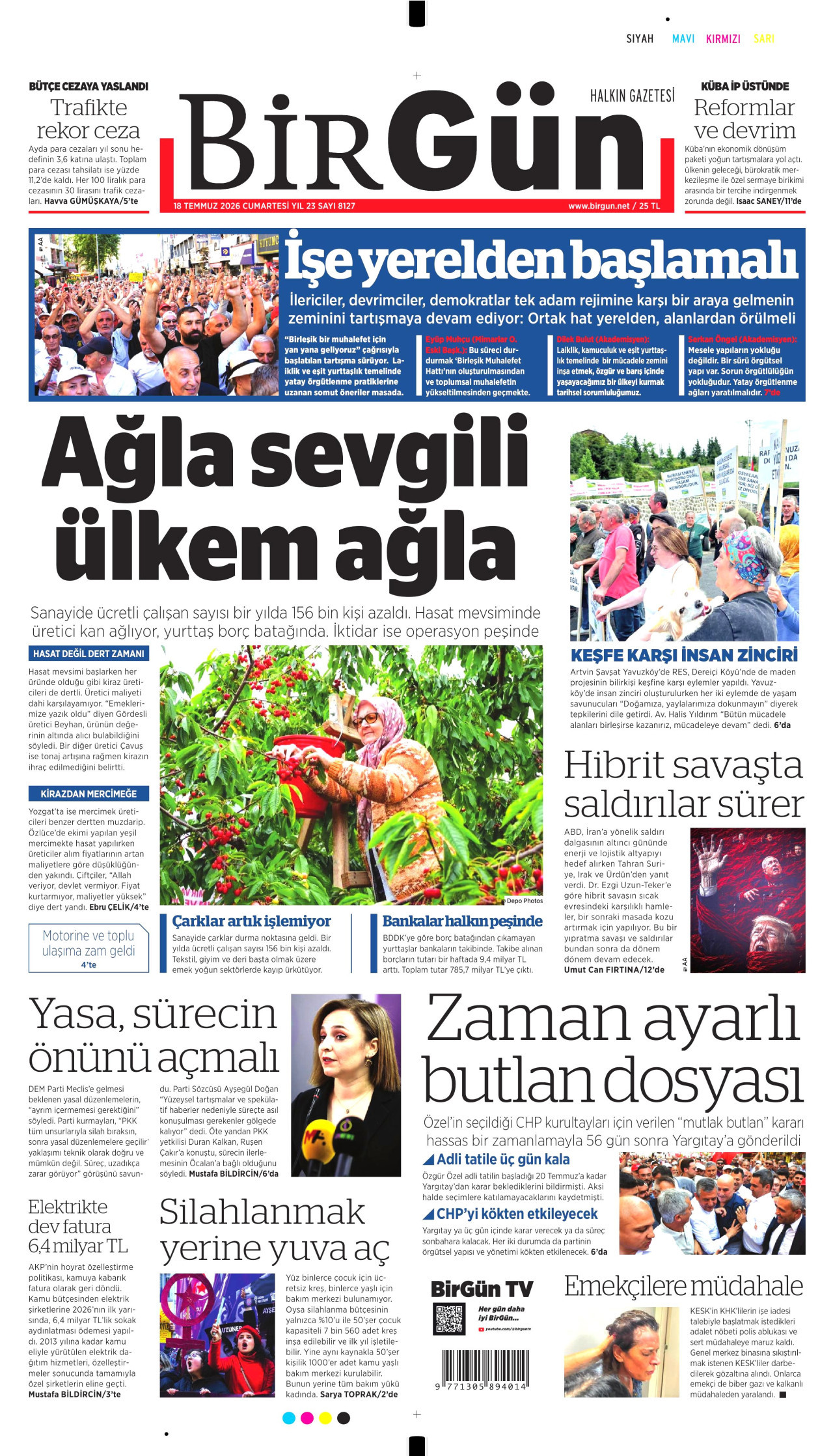 BİRGÜN gazetesinin 18 Temmuz 2026 tarihli birinci sayfası