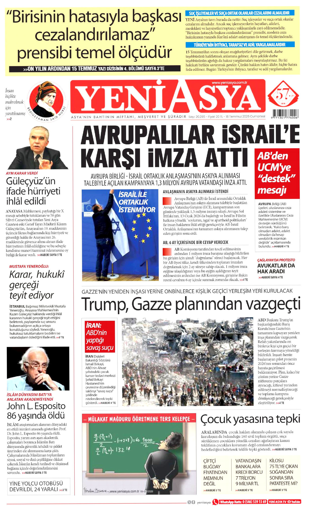 YENİ ASYA gazetesinin 18 Temmuz 2026 tarihli birinci sayfası