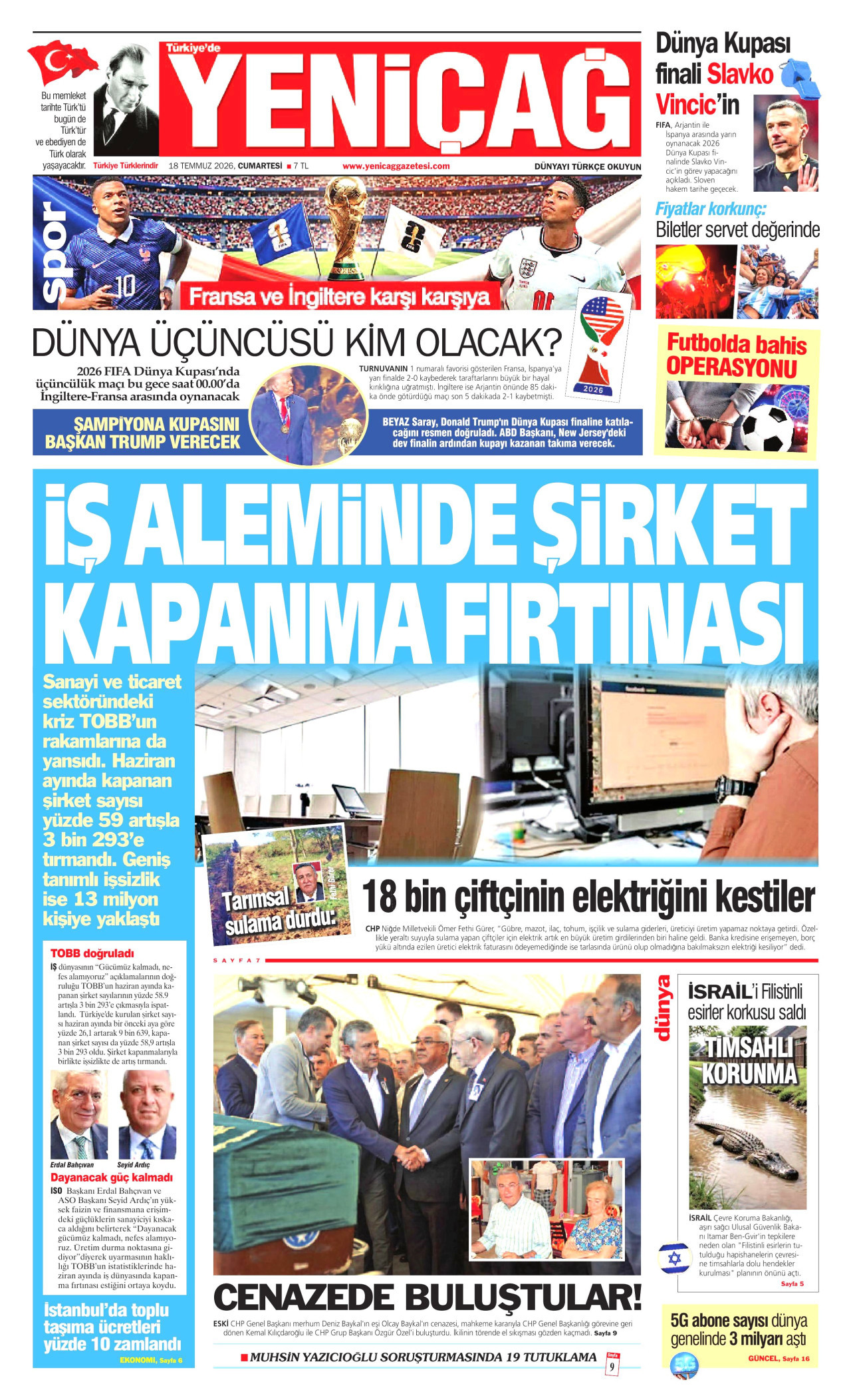 YENİÇAĞ gazetesinin 18 Temmuz 2026 tarihli birinci sayfası