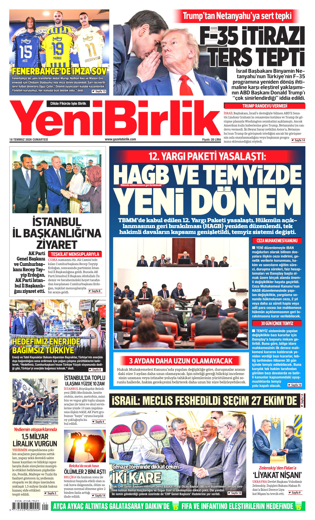 YENİBİRLİK gazetesinin 18 Temmuz 2026 tarihli birinci sayfası