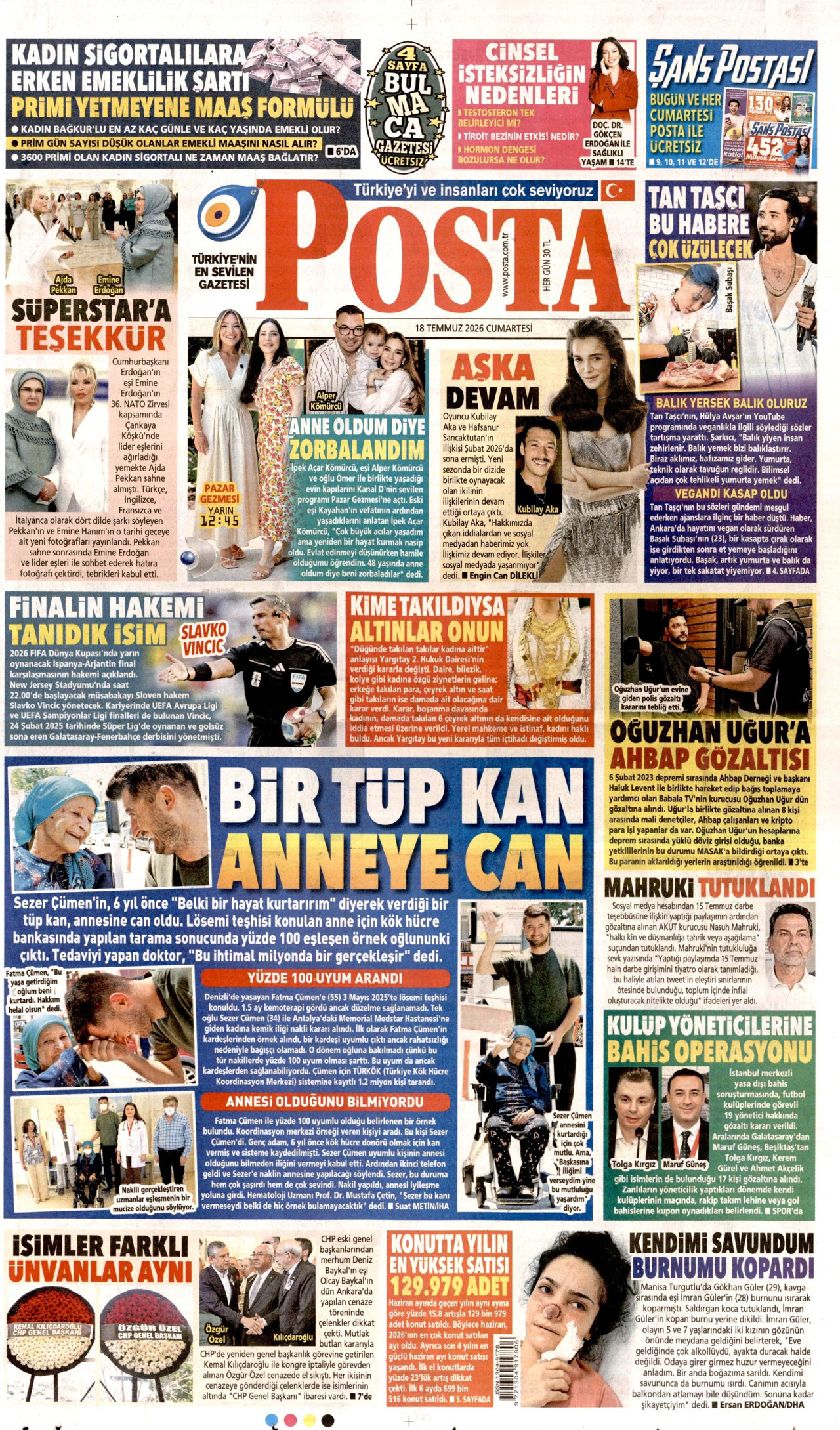 POSTA gazetesinin 18 Temmuz 2026 tarihli birinci sayfası