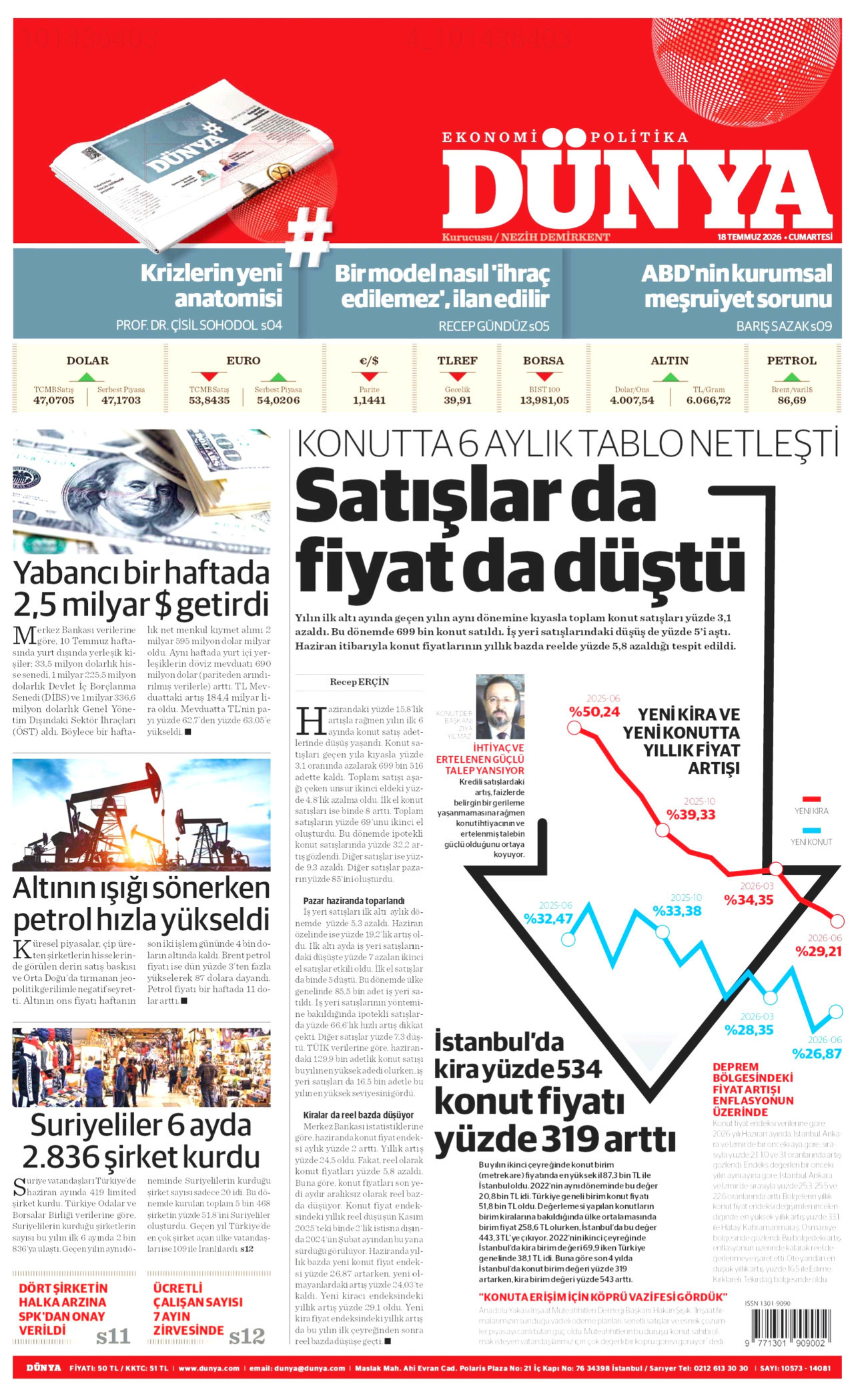 DÜNYA gazetesinin 18 Temmuz 2026 tarihli birinci sayfası
