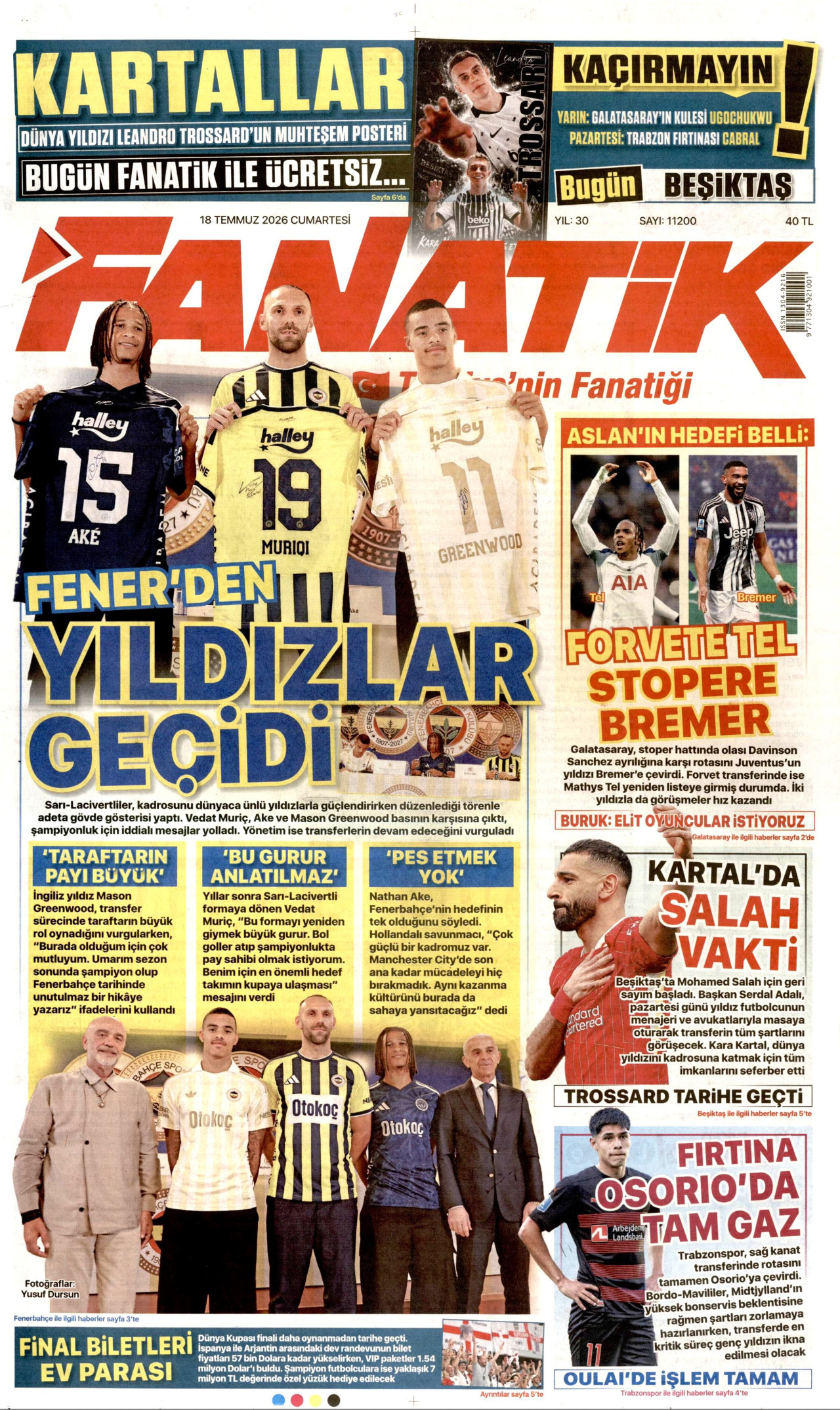 FANATİK gazetesinin 18 Temmuz 2026 tarihli birinci sayfası