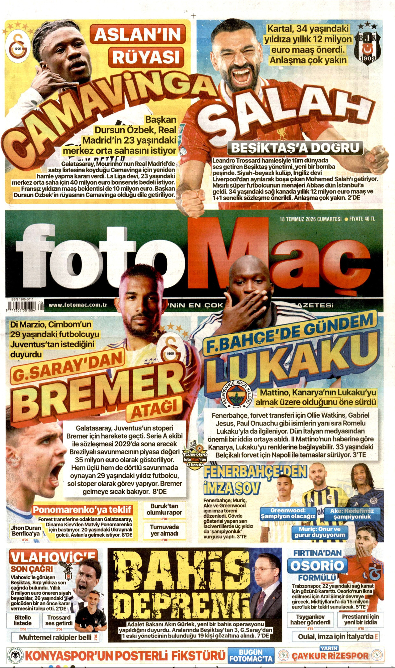 FOTOMAÇ gazetesinin 18 Temmuz 2026 tarihli birinci sayfası