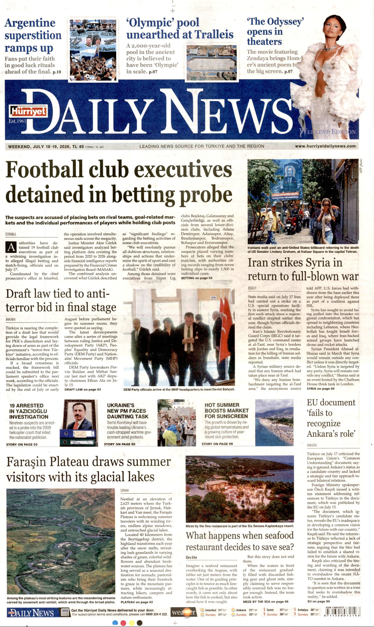 HÜRRİYET DAİLY NEWS gazetesinin 18 Temmuz 2026 tarihli birinci sayfası